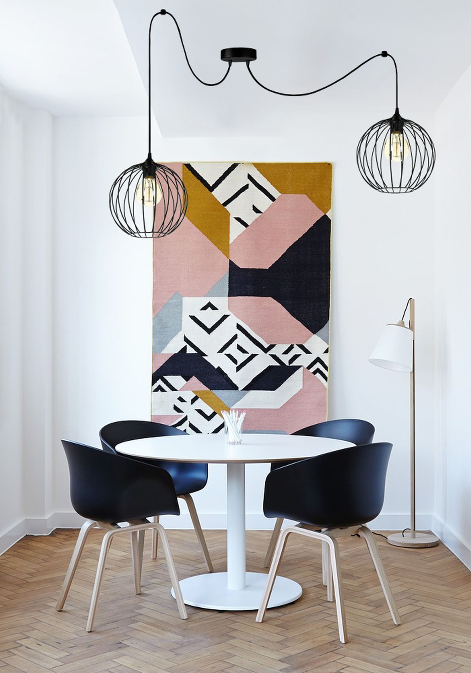 XXL Spider Lampe à suspendre fils boules métal E27 L:400 cm Speisesaal, Esstisch, Tisch, Dekoration für Zuhause, Teppich