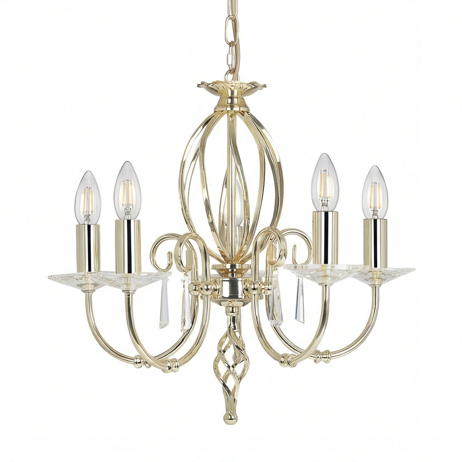 haengeleuchte-pendelleuchte-haengelampe-candela-5-flammig-messing-poliert-klassisch-02 Kronleuchter, Goldene Deckenleuchte, 6-armig, Glas-Tropfen, Hängelampe