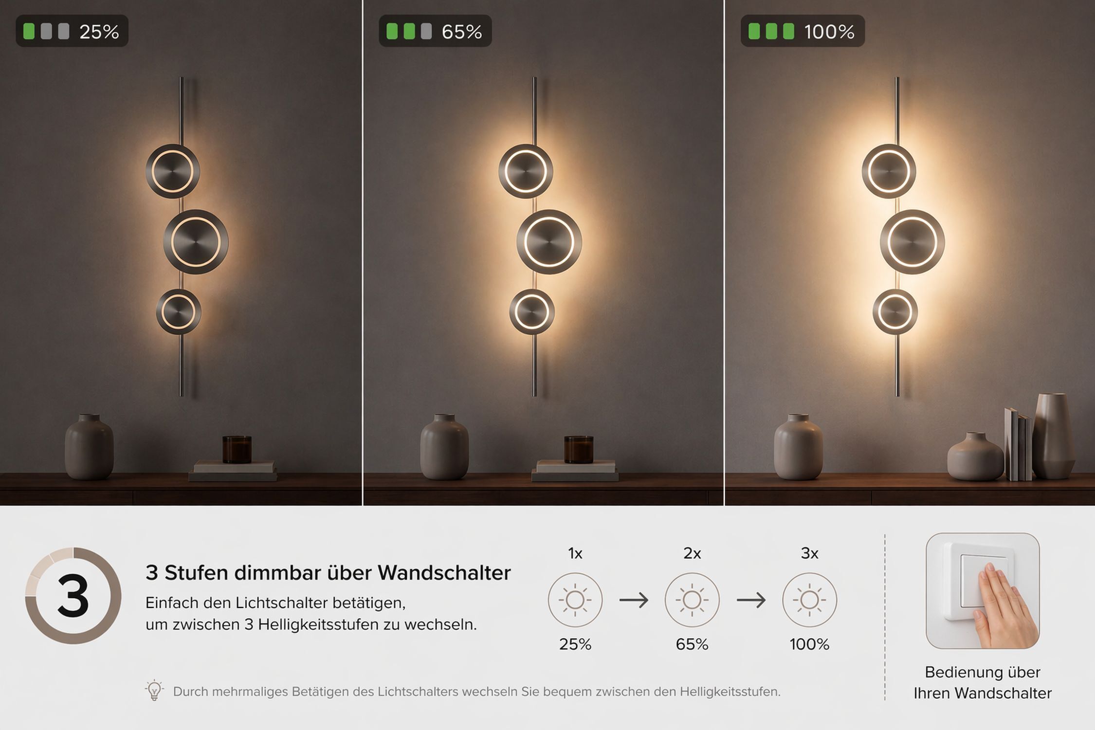 Applique LED argent H:120 cm 1008 lm 3000 K dimmable Wandlampe, deko-Lampe, rundleuchten, 3-Stufen-Dimmbar, Wandlampe mitLED