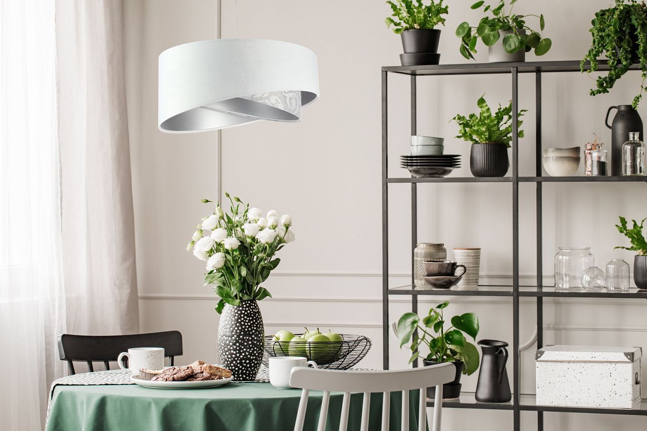 Suspension Blanc Gris Argent E27 rond D : 50 cm Tissu