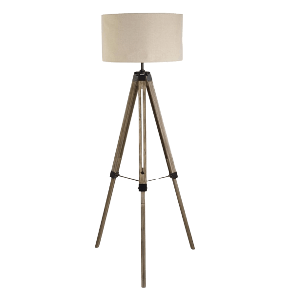 Stehleuchte, Tripod, Holz, Beige Lampenschirm, Klimmzug-Design