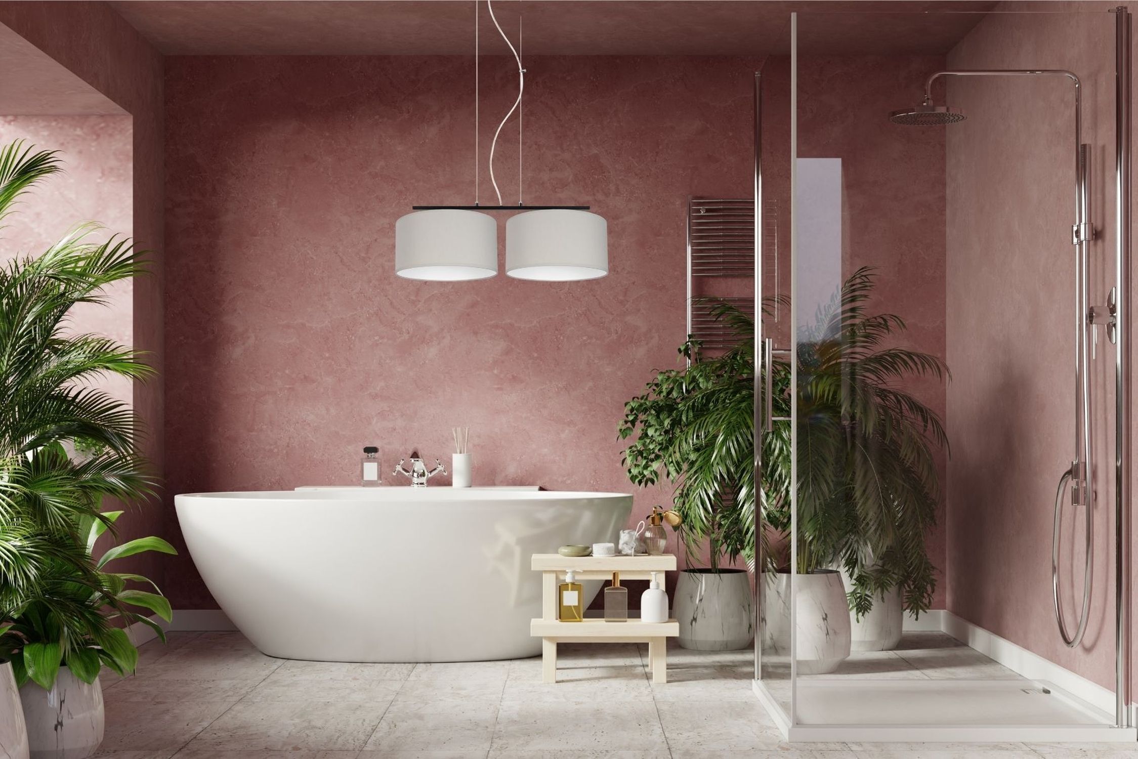 Pendelleuchte Metall Stoff E27 Schwarz Grau blendarm Badewanne, Freistehende Badewanne, Rosa Wand, Glasdusche, Pflanzen dekor
