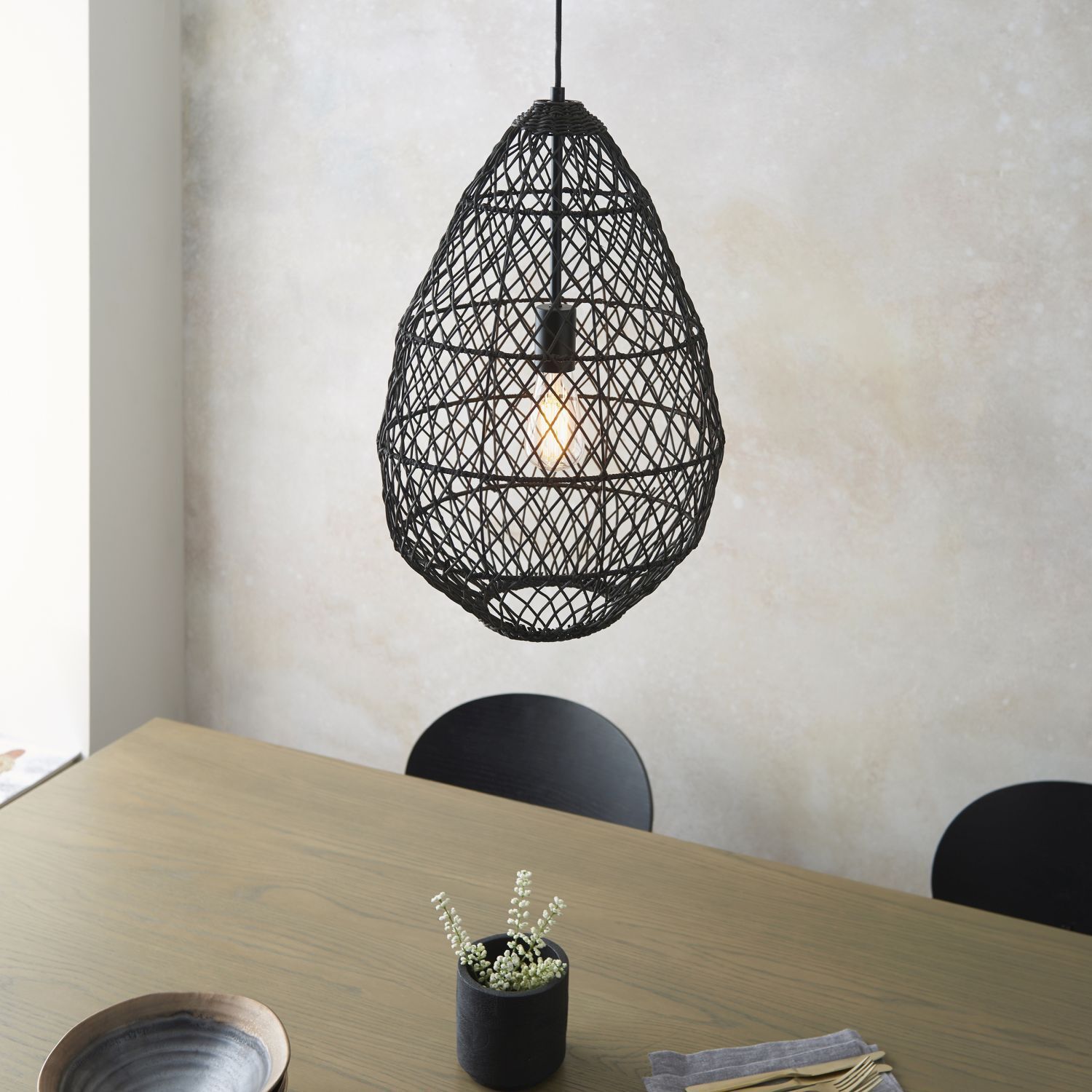 Lampe à suspendre noire en rotin métal Ø 35 cm artisanale Boho