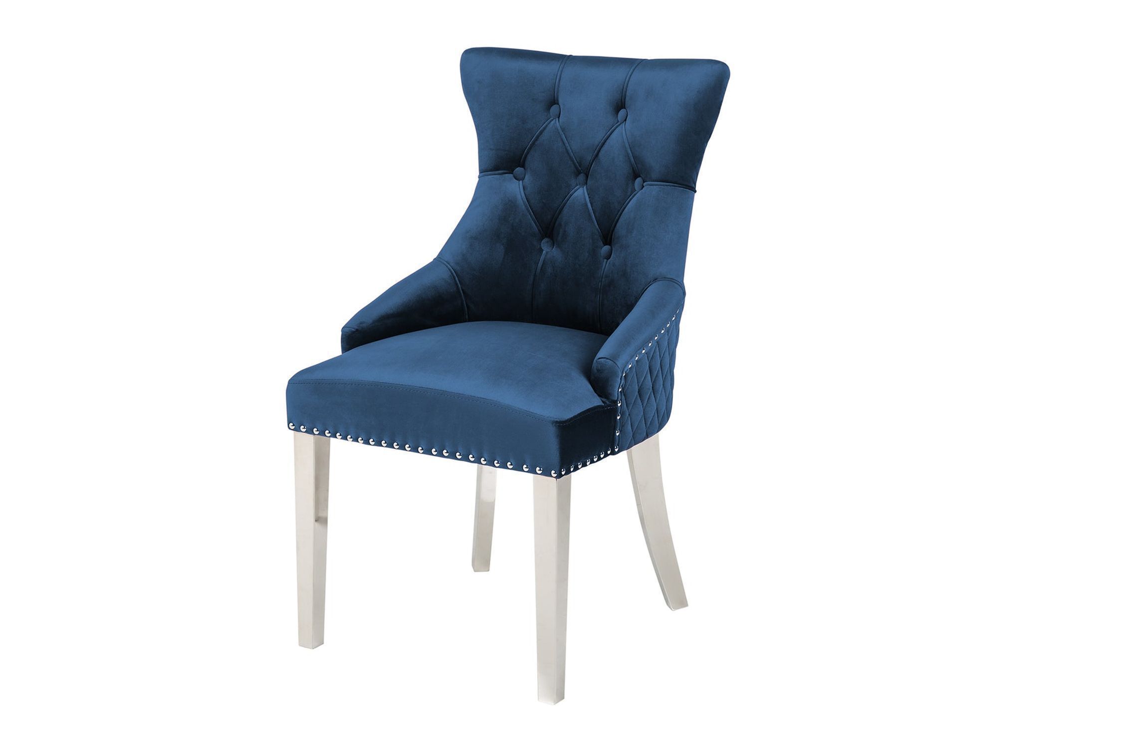 Chaise de salle à manger velours acier inoxydable Chesterfield bleu argenté