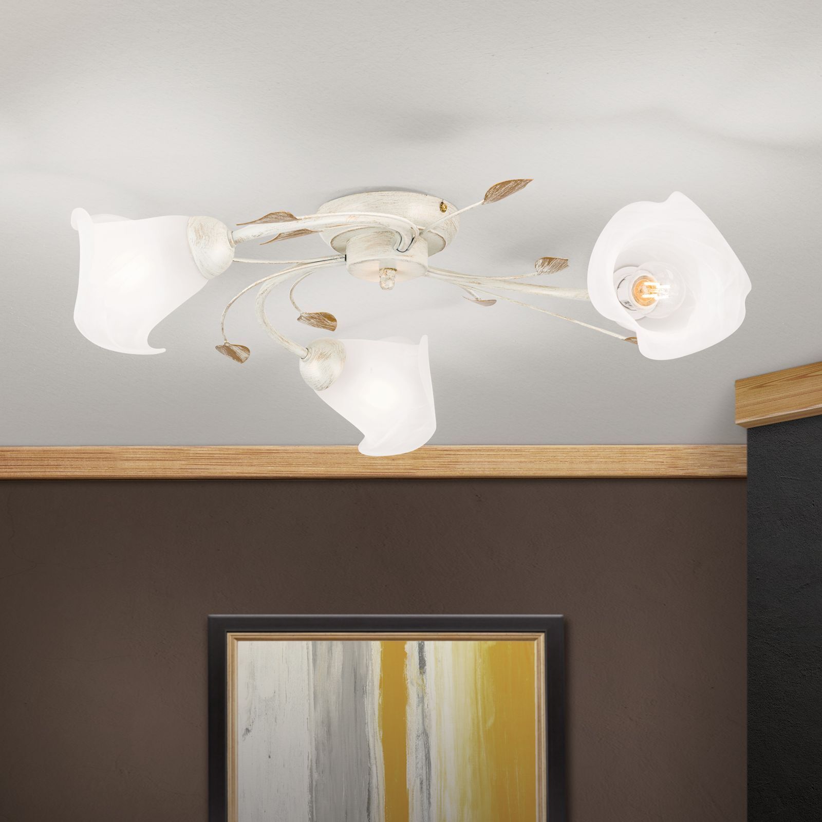 Deckenlampe Metall Glas E14 60 cm breit 3-flammig OSKAR deckenleuchte, Deckenlampe, weißesglas, geblasenesglas, rustikale-Deckenleuchte