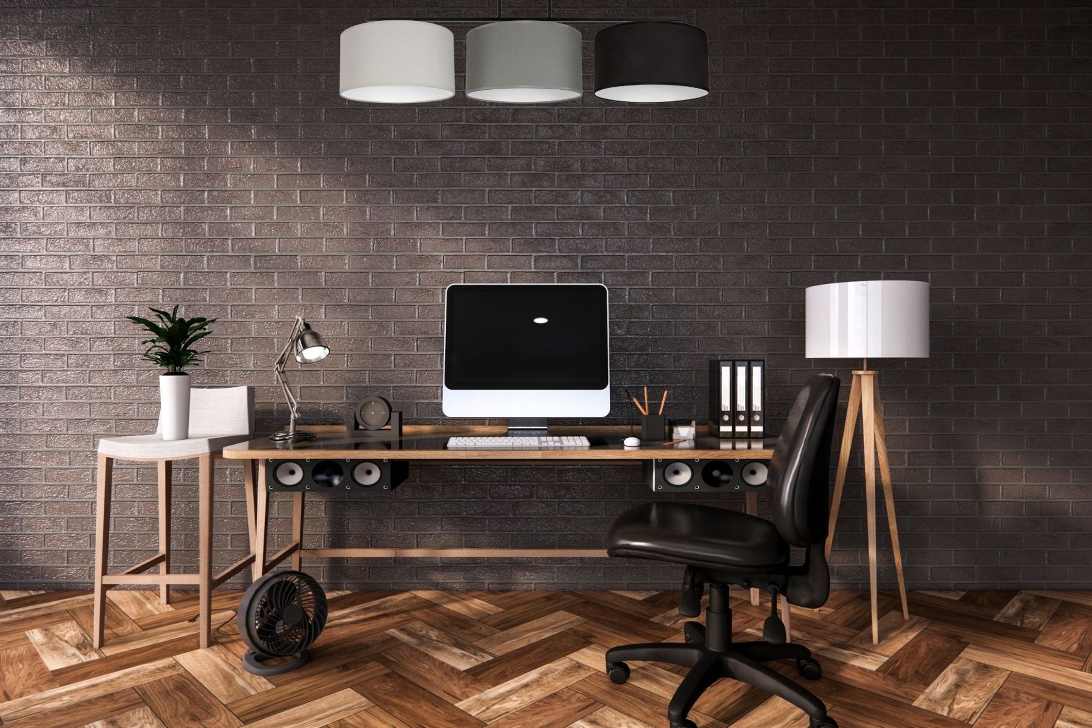 Lange Deckenlampe Stoff Grau Graphit Schwarz E27 100 cm Büro, Schreibtisch, Computer, schwarzer Stuhl, Ziegelwand