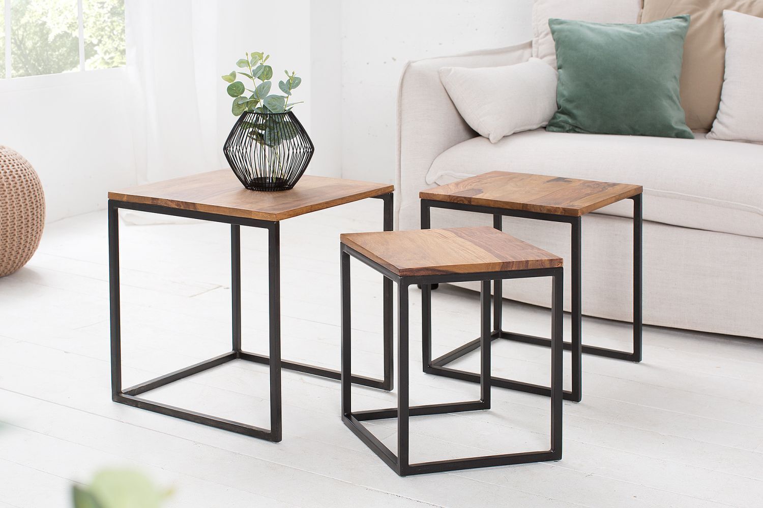 Table d'appoint bois de sheesham métal set de 3 pièces en noir naturel Kaffeetisch, Mobiliar, Tabelle, Pflanze, Tischplatte
