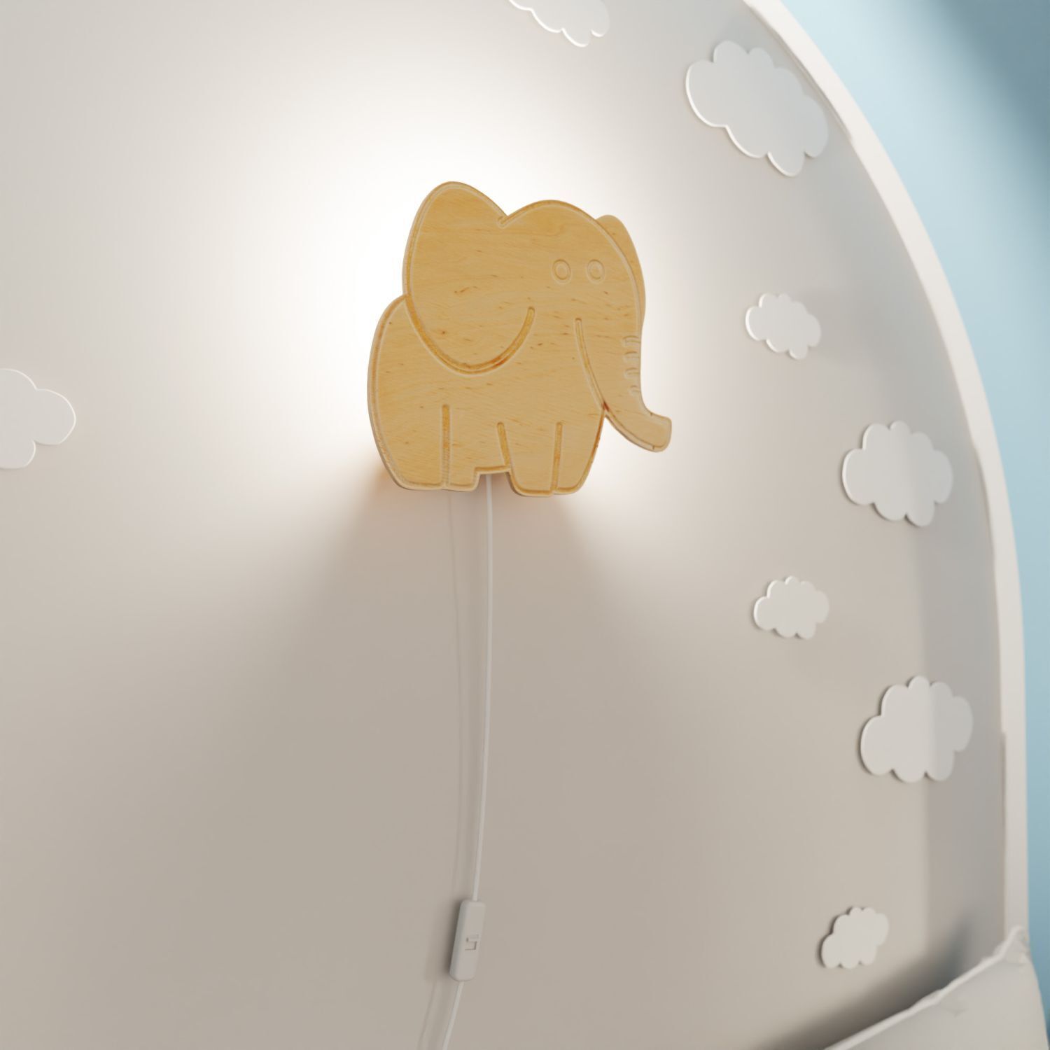 Lampe murale chambre d'enfant bois avec prise interrupteur éléphant E14