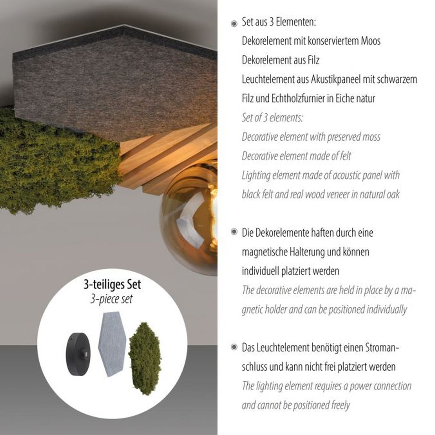 LED Deckenleuchte Filz Eiche Moos Rauchglas G9 blendarm Moos, Pflanze