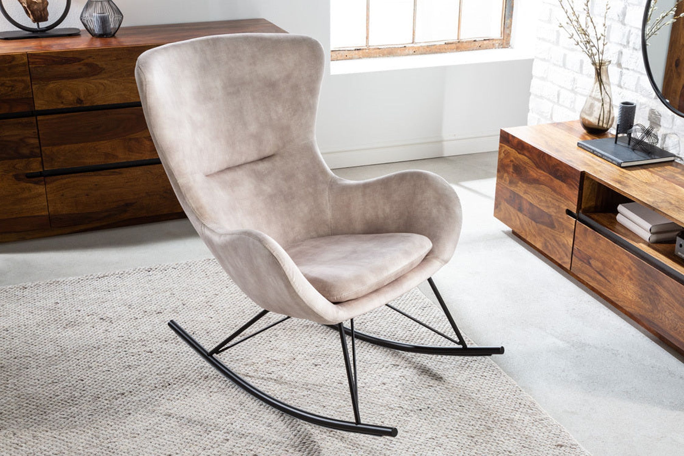 Fauteuil à bascule velours métal beige crème noir Moebel, Stuhl, Schaukelstuhl
