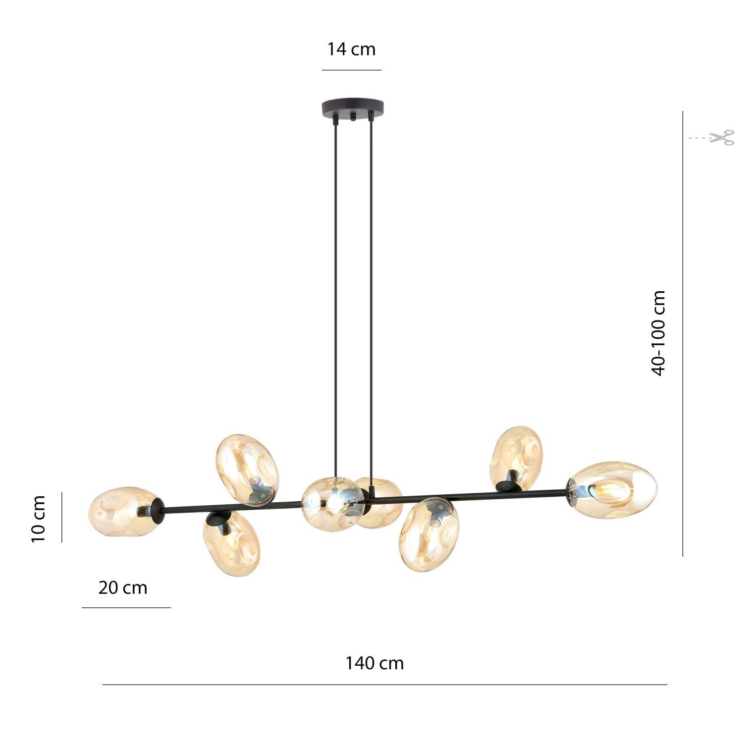 Lampe à suspendre longue 140 cm 8x E14 verre métal décoratif