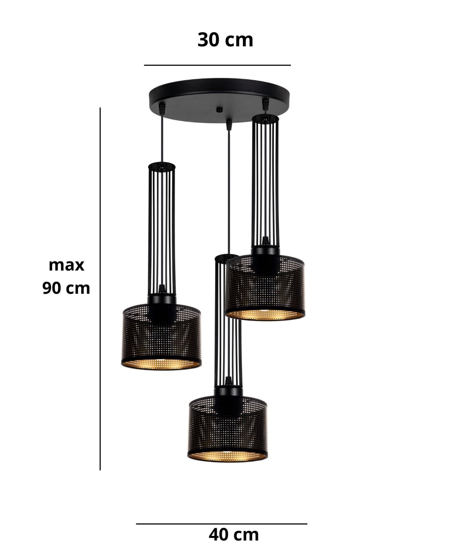 Lampe à suspendre décorative en métal 3-flamme E27 noir or