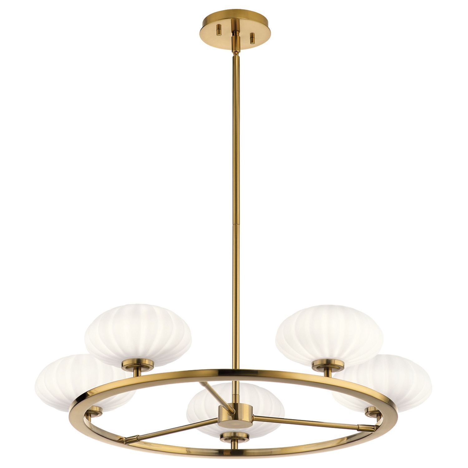 Pendelleuchte, Gold, Messing, Ring-Chandelier, weiße Glas-Globusse