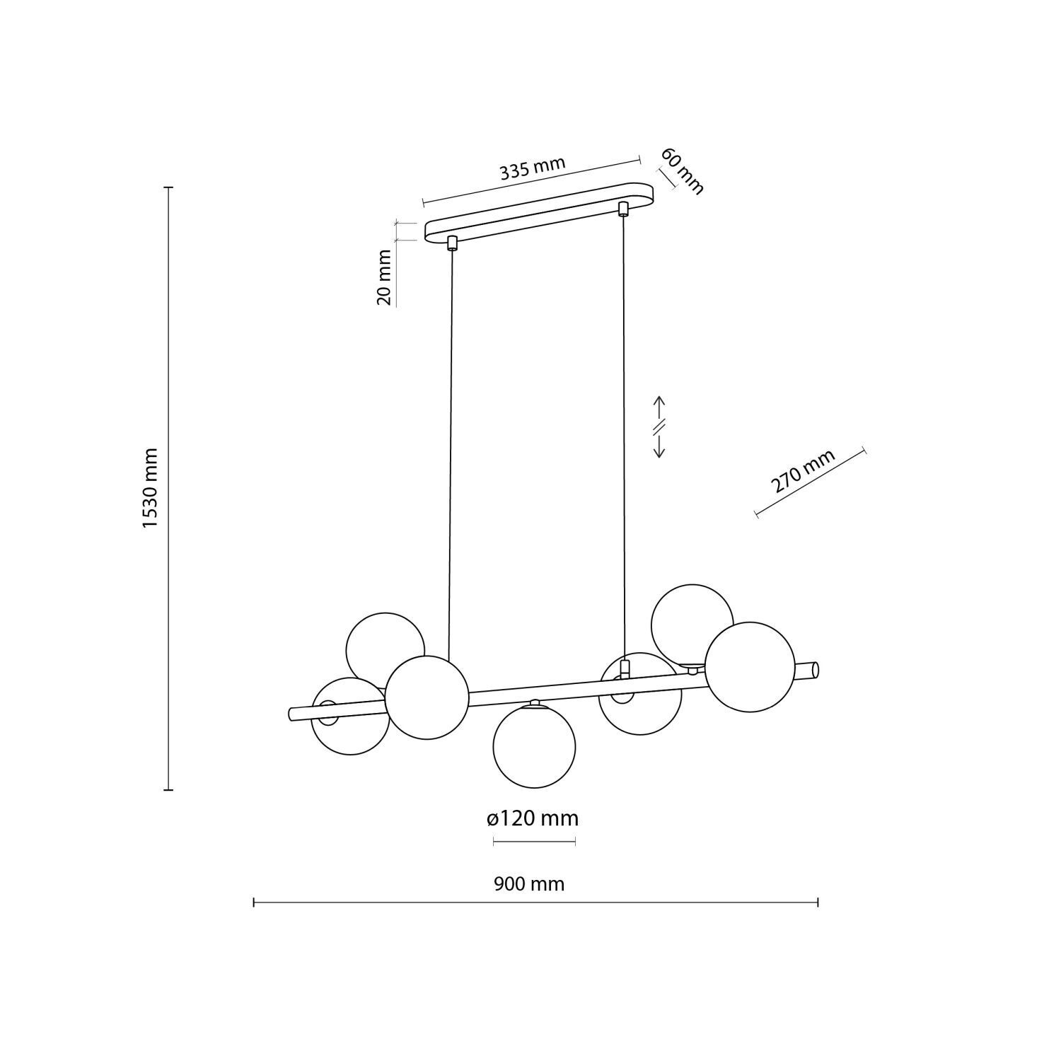 Suspension métal verre fumé L : 90 cm H : max. 153 cm 7x G9