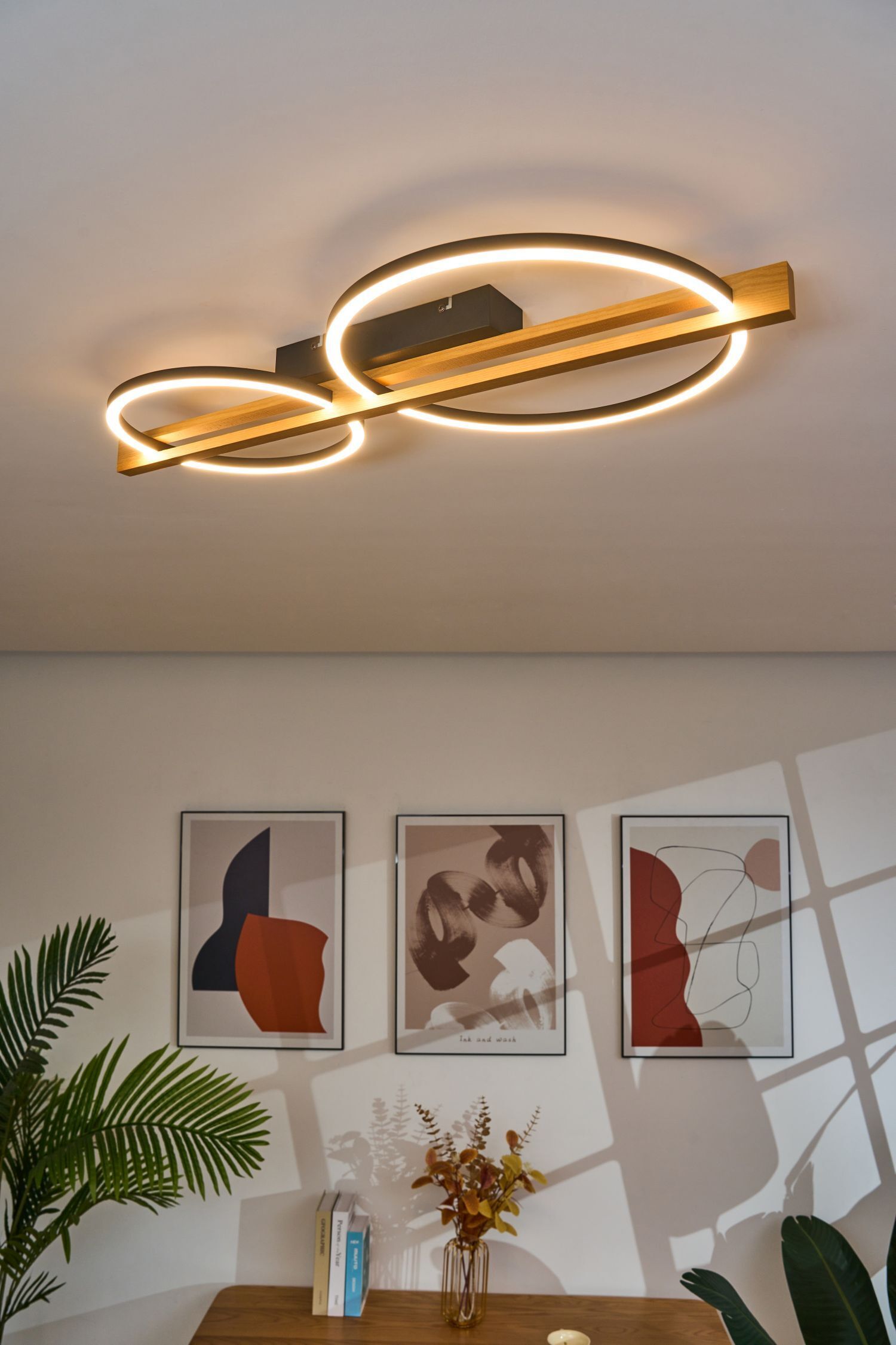 Plafonnier LED Métal Bois L:75,8 cm 3000 K Anneaux