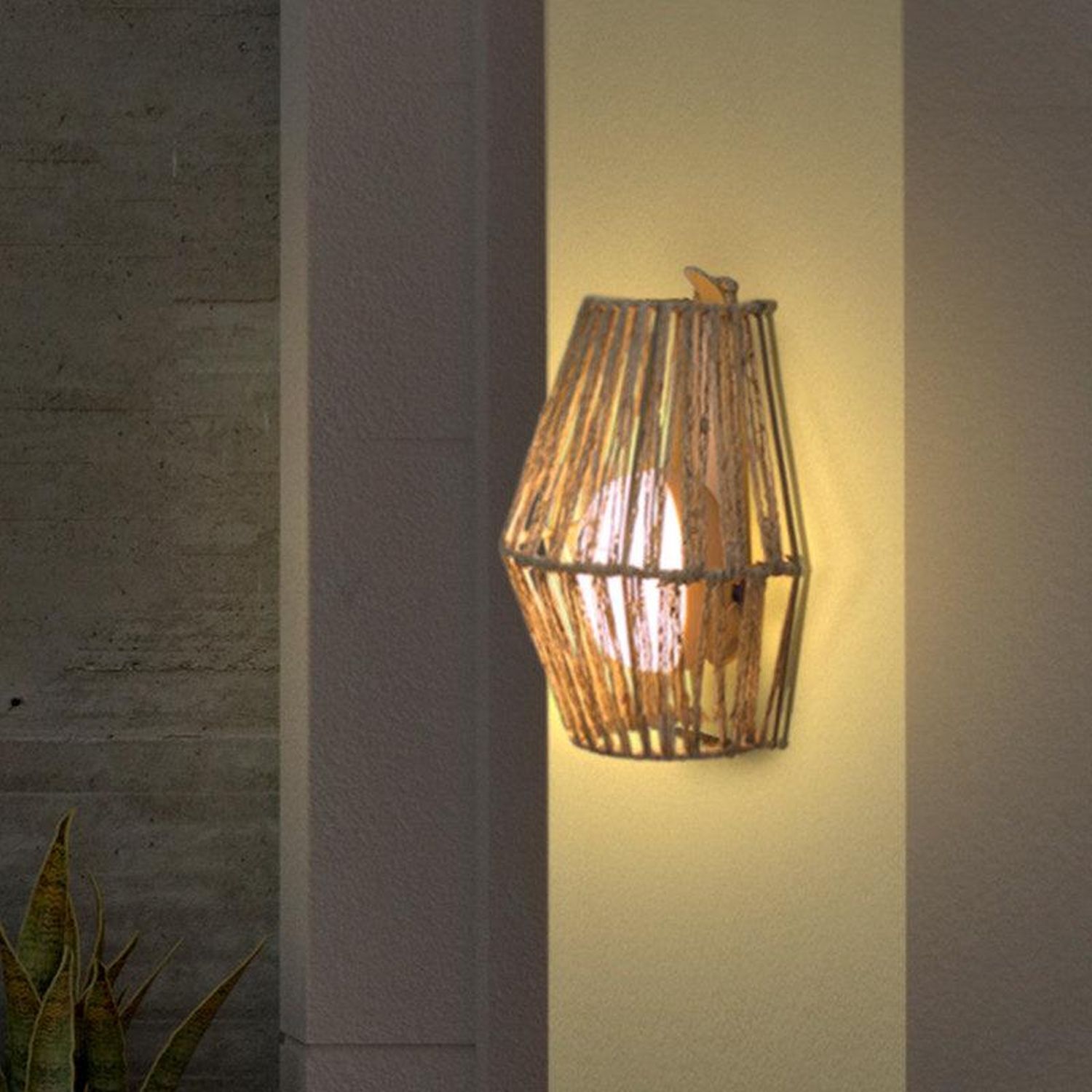 Applique LED sans fil IP54 H : 24,5 cm rotin extérieur variateur de lumière
