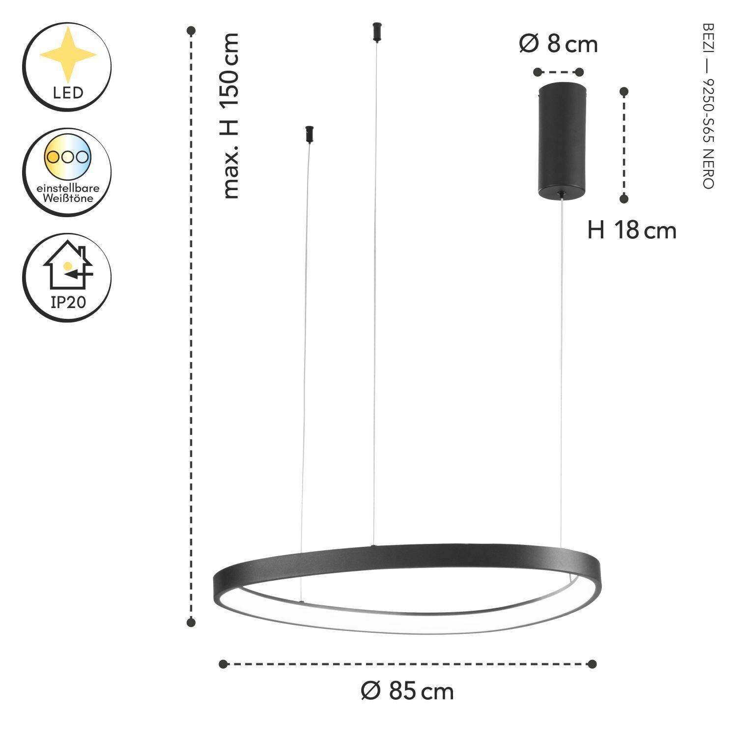 LED Lampe à suspendre noire anneau L:65 cm 3000/4000/6500 K