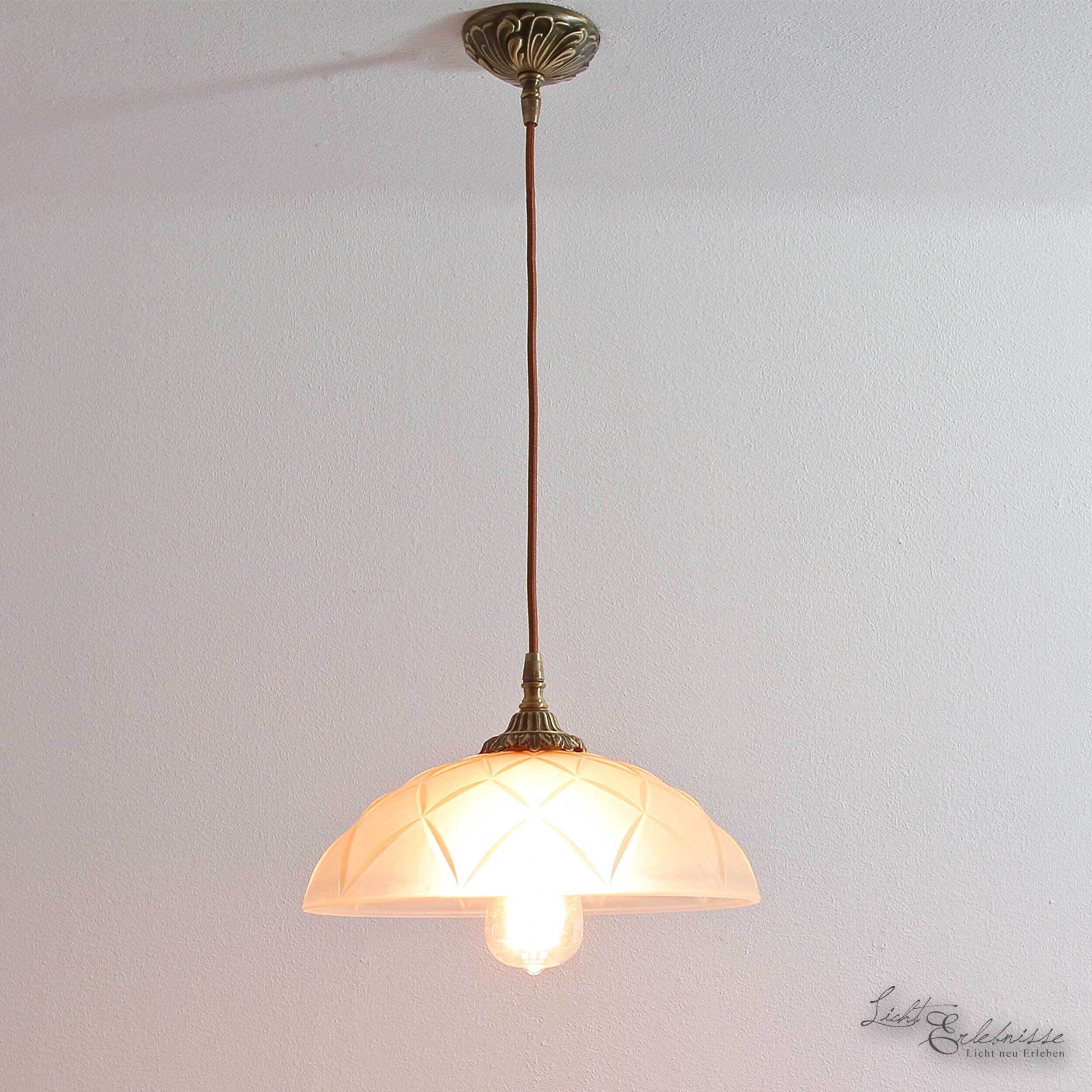 Lampe à suspendre en laiton véritable avec ornement & abat-jour en verre Lampe, Leuchte