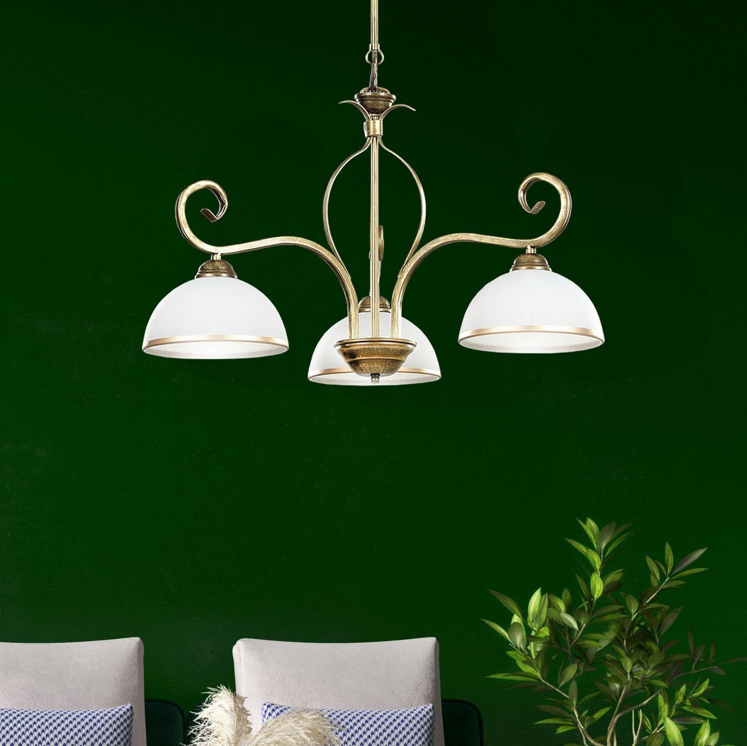 Plafonnier Or Antique Blanc Abat-jour en verre 3 flammes Leuchter, Lampe