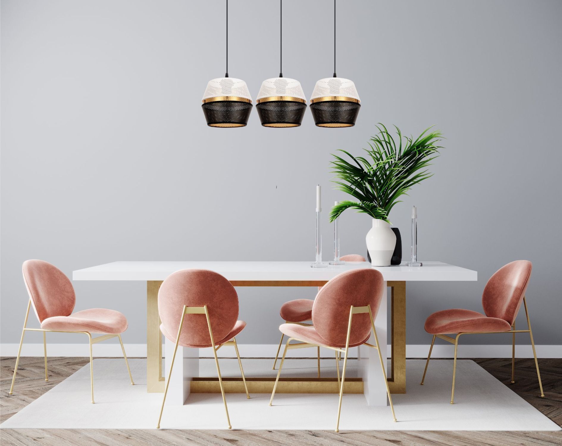 Lange Hängelampe 3-flammig Metall Schwarz Weiß Gold E27 Esszimmer, Esstisch, Mobiliar, Tabelle, Tischplatte