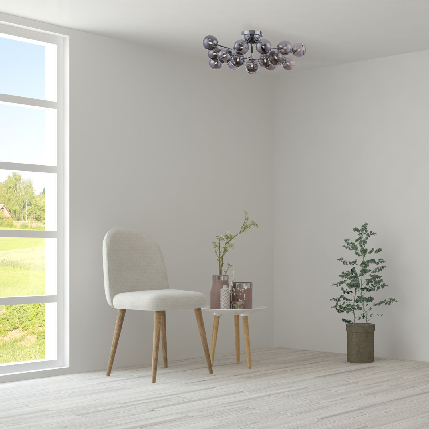 Lampe de plafond métal verre G9 75 cm large chrome gris fumé