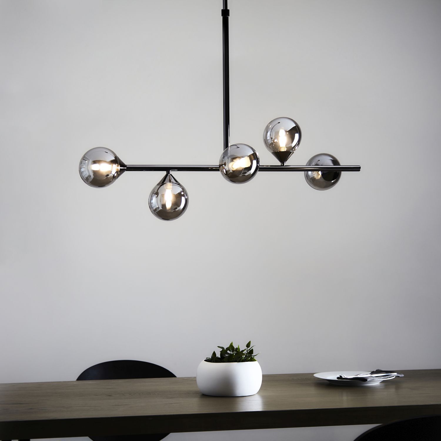Lampe de plafonnier verre fumé métal longueur 90 cm H : max. 117 cm G9