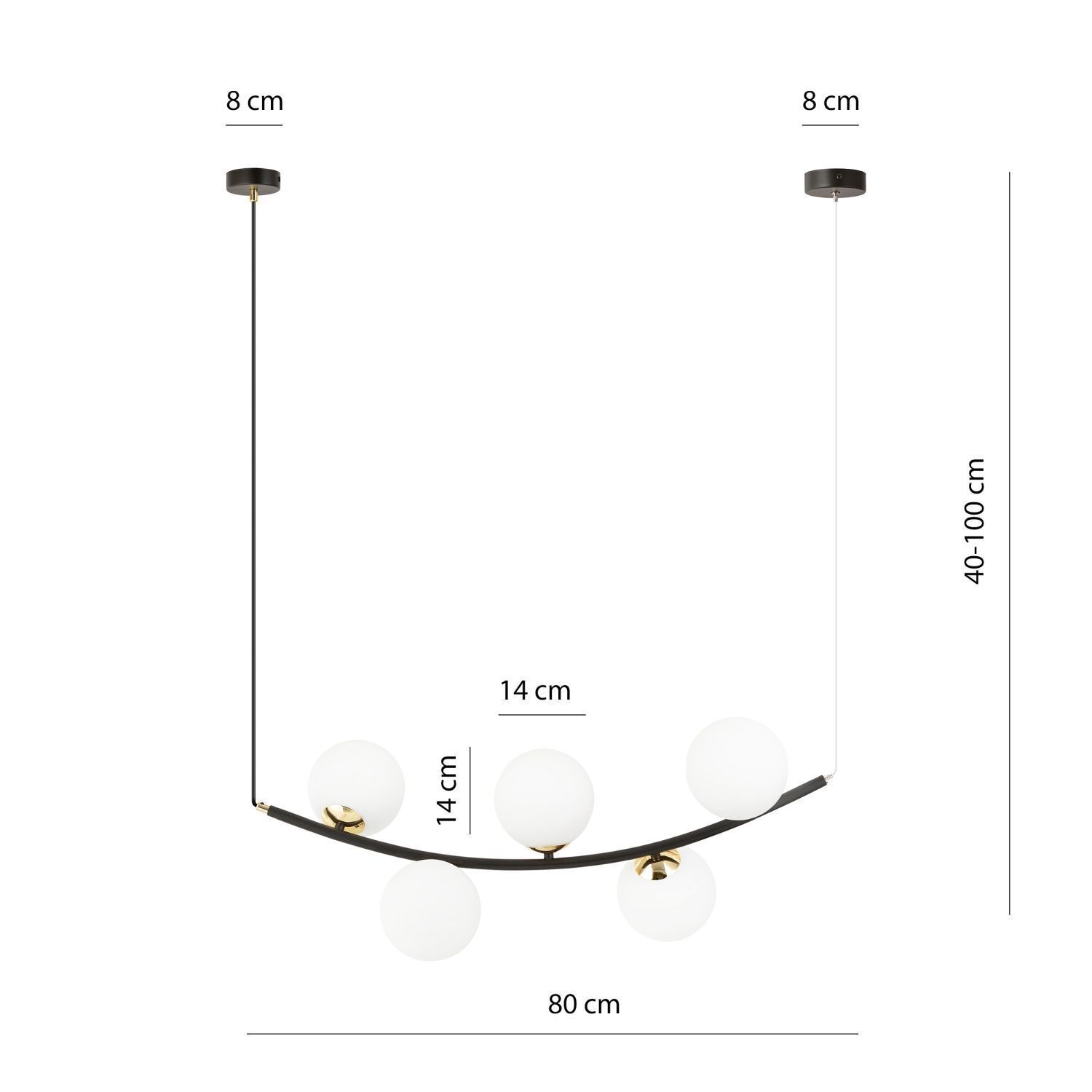 Lampe à suspendre métal verre L : 80 cm H : max. 100 cm E14 5 flammes