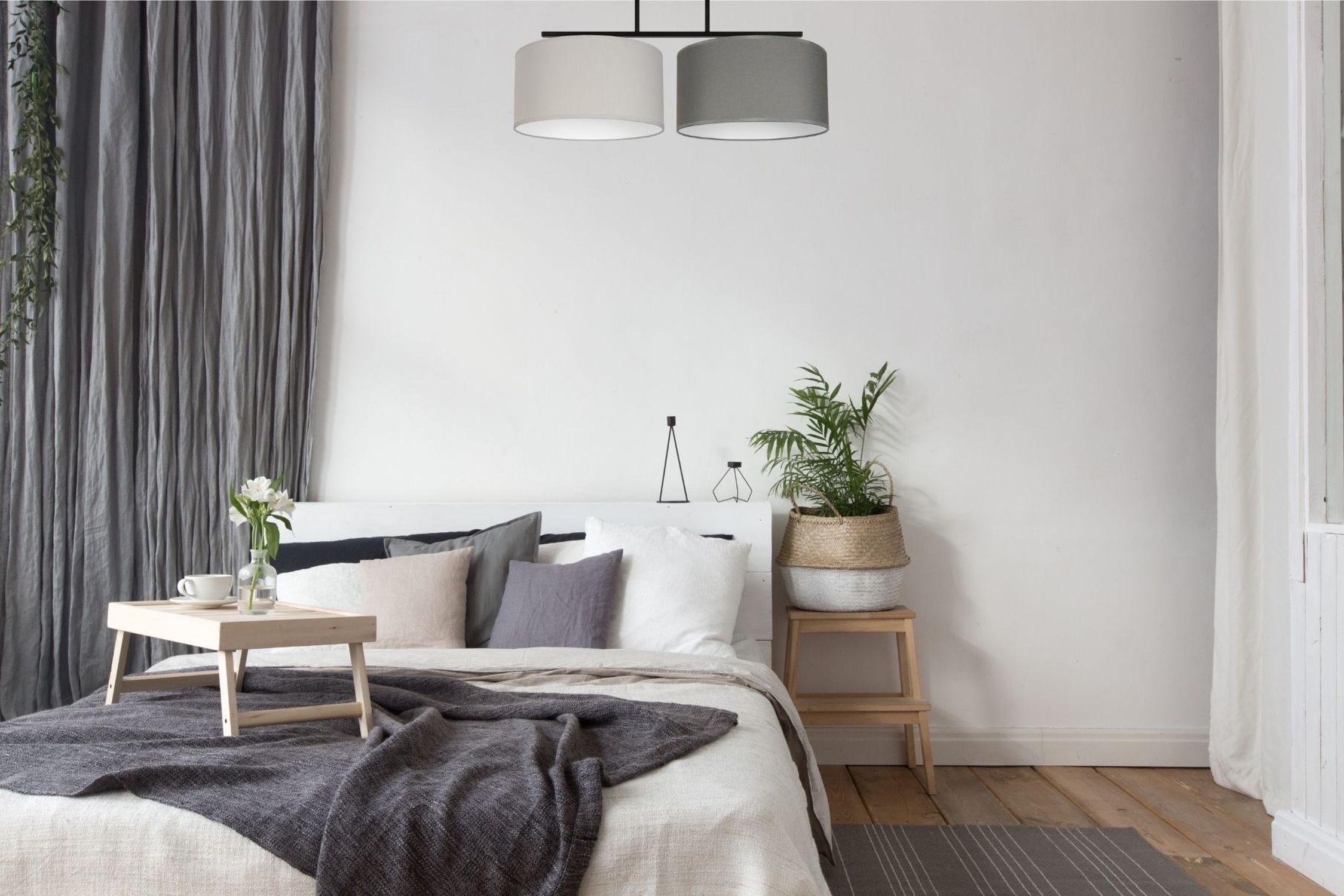 Gemütliche Deckenlampe Stoff Grau Graphit E27 L:70 cm Schlafzimmer, Wohnzimmerdeko, Bett, Vorhänge, Pflanze