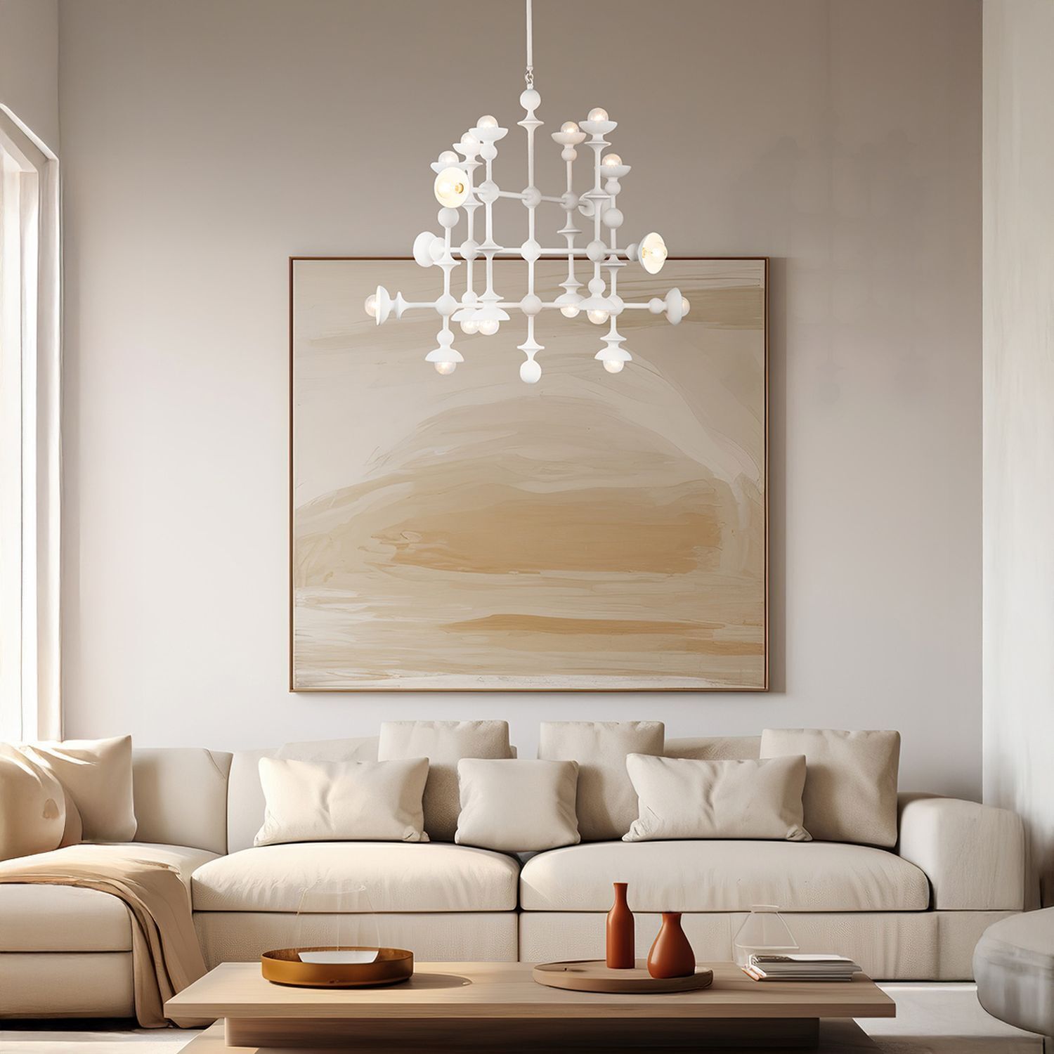 wohnzimmer, sofa, hängelampe, kunstbild, beige