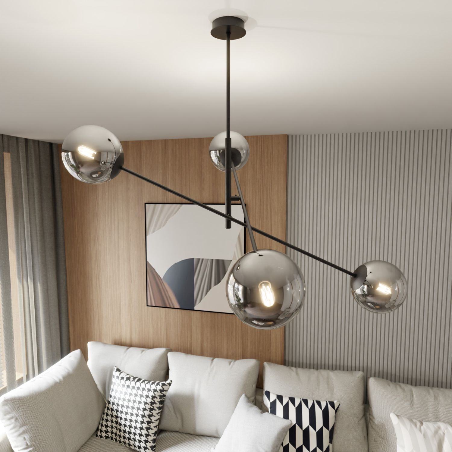 Plafonnier orientable L : 102 cm E14 4-flamme Abat-jour sphérique