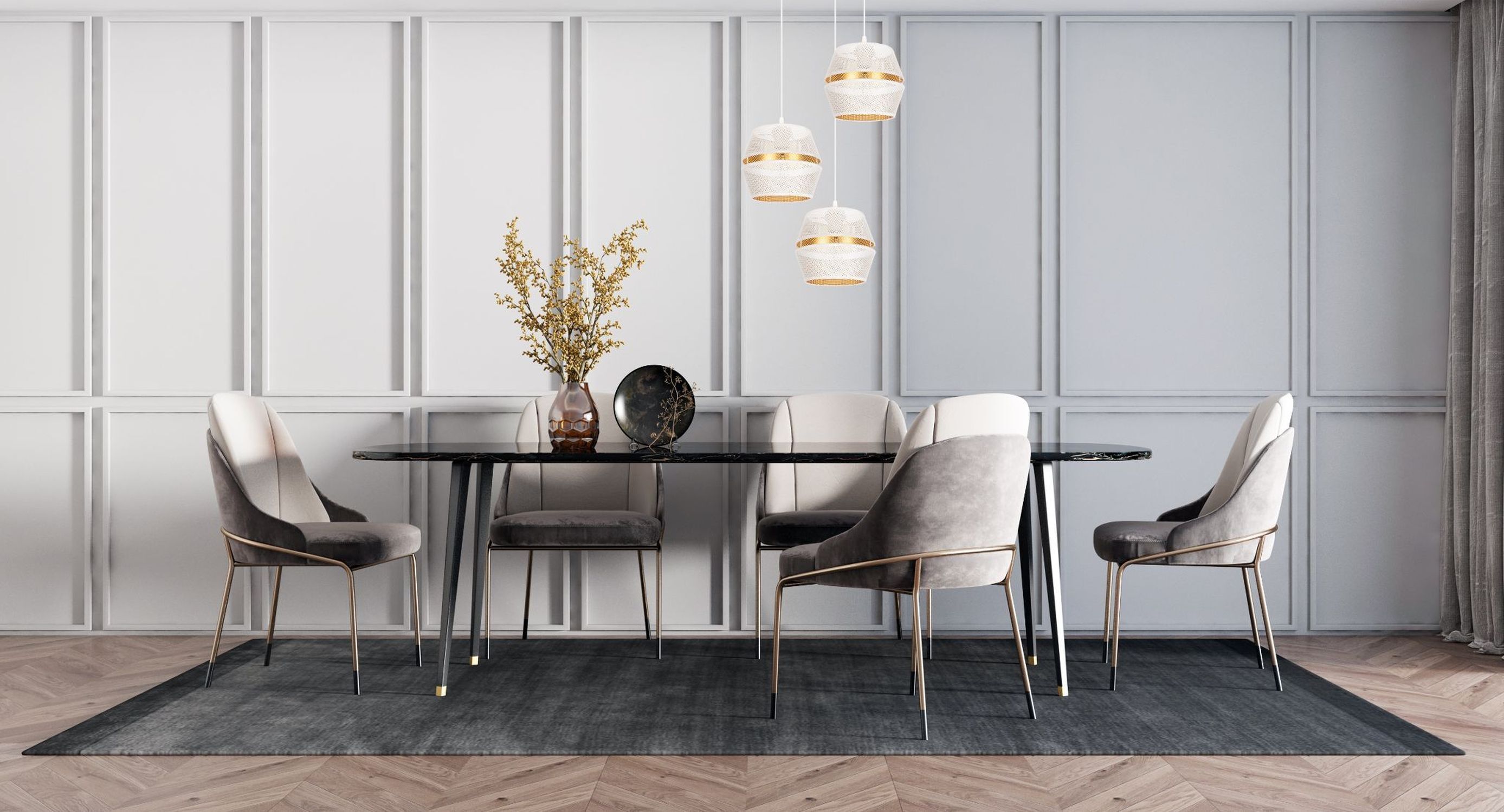 Runde Hängelampe Weiß Gold Metall B:45 cm E27 3-flmg Esszimmer, Esstisch, Mobiliar, Tabelle, Innenarchitektur