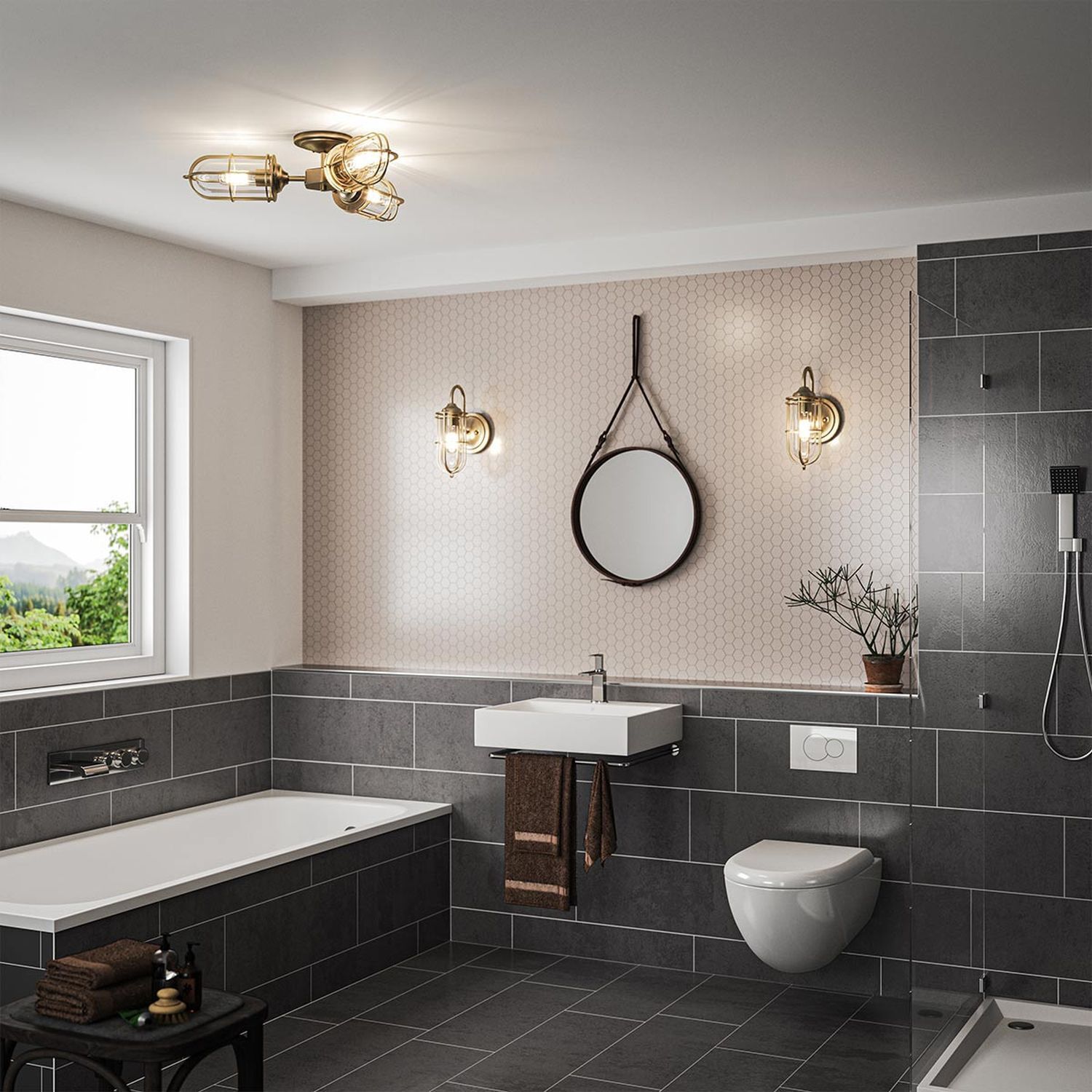 Plafonnier salle de bain IP44 L : 65,4 cm 3x E27 métal verre vintage