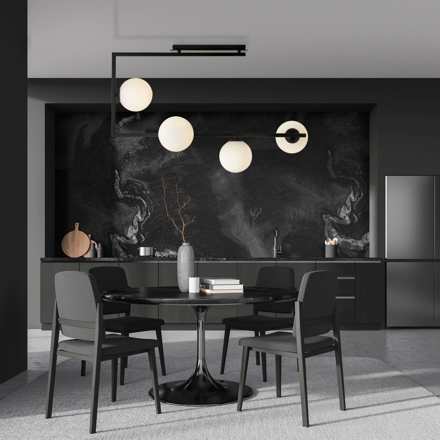 Plafonnier Noir Blanc L : 83 cm H : 55 cm Métal Verre 4x E14 Speisesaal, Esstisch, Tisch, Innenarchitektur, Stuhl