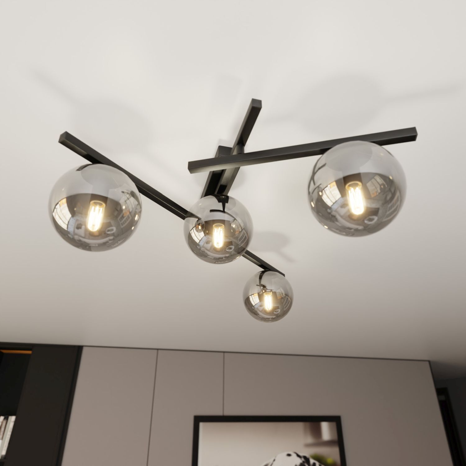 Lampe de plafond verre fumé métal 63 cm de long E14 4 flammes