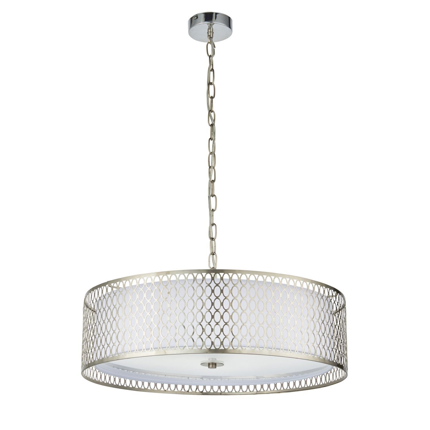 Suspension ronde Ø 56 cm métal verre tissu en nickel blanc 3x E27