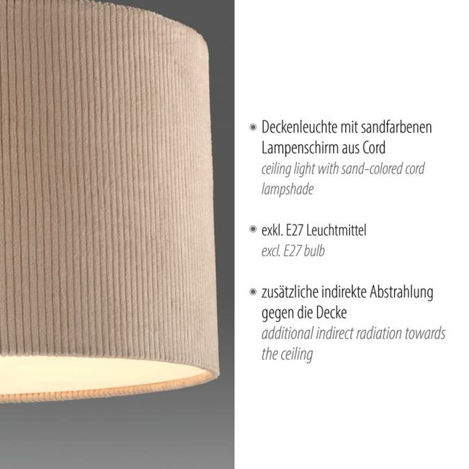 Lampe de plafonnier en tissu beige E27 Ø35 cm confortable et peu éblouissant