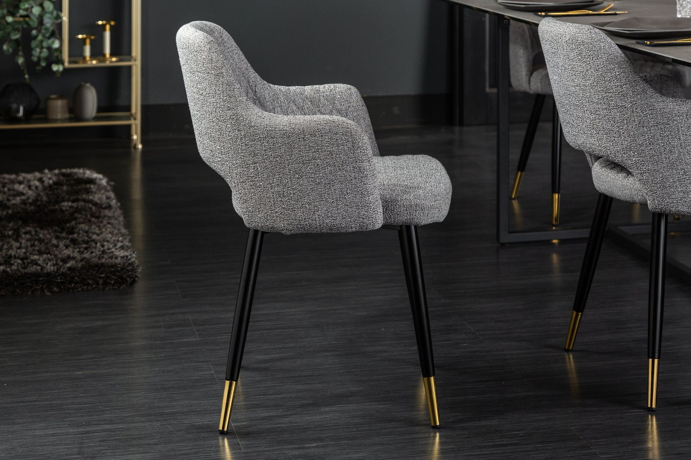 Chaise de salle à manger avec accoudoirs Rétro Gris Noir Or L : 54 cm Fußboden, Mobiliar, Stuhl, Innenarchitektur, Bodenbeläge