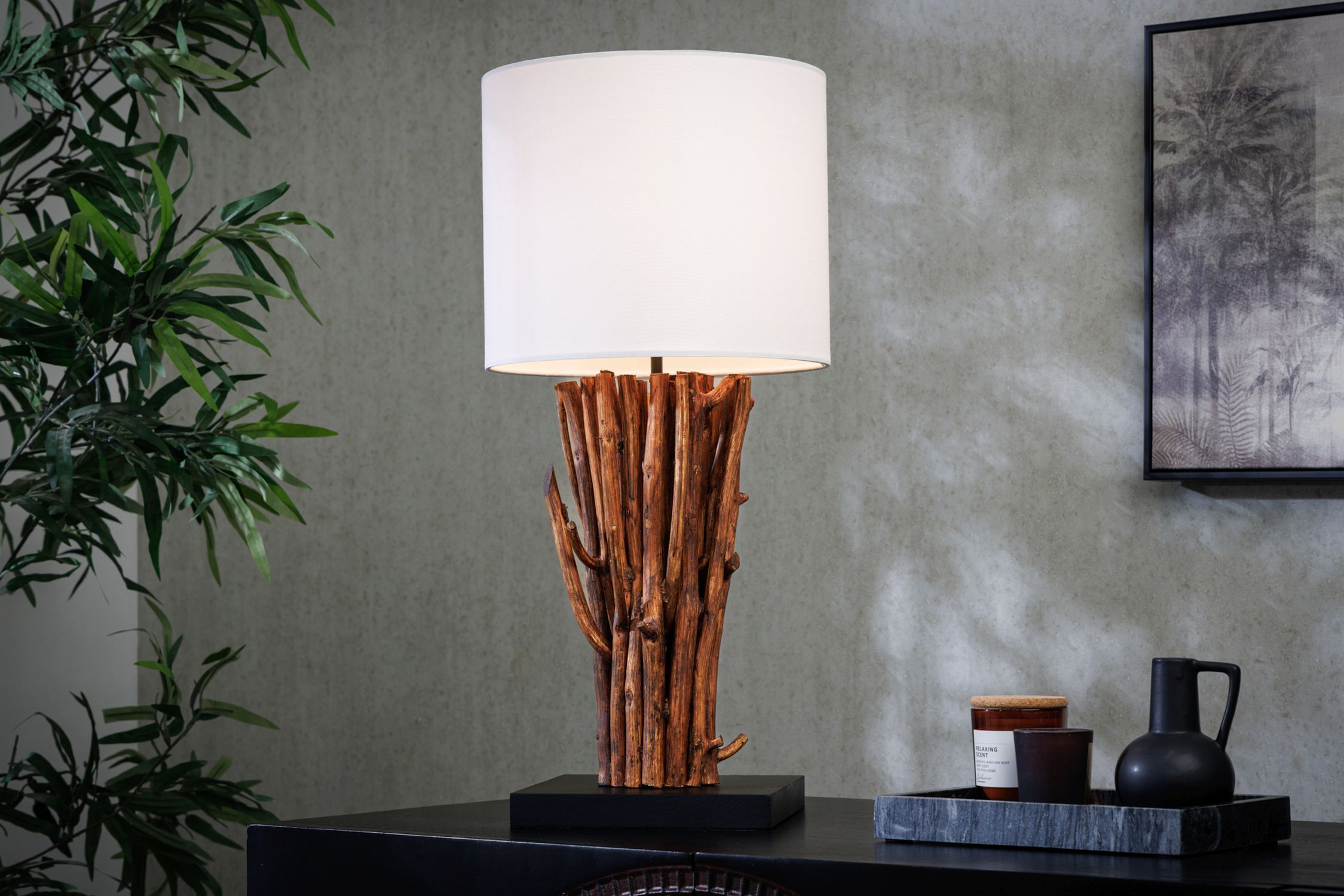 Lampe de table Blanc Bois Tissu E27 H:58 cm confortable