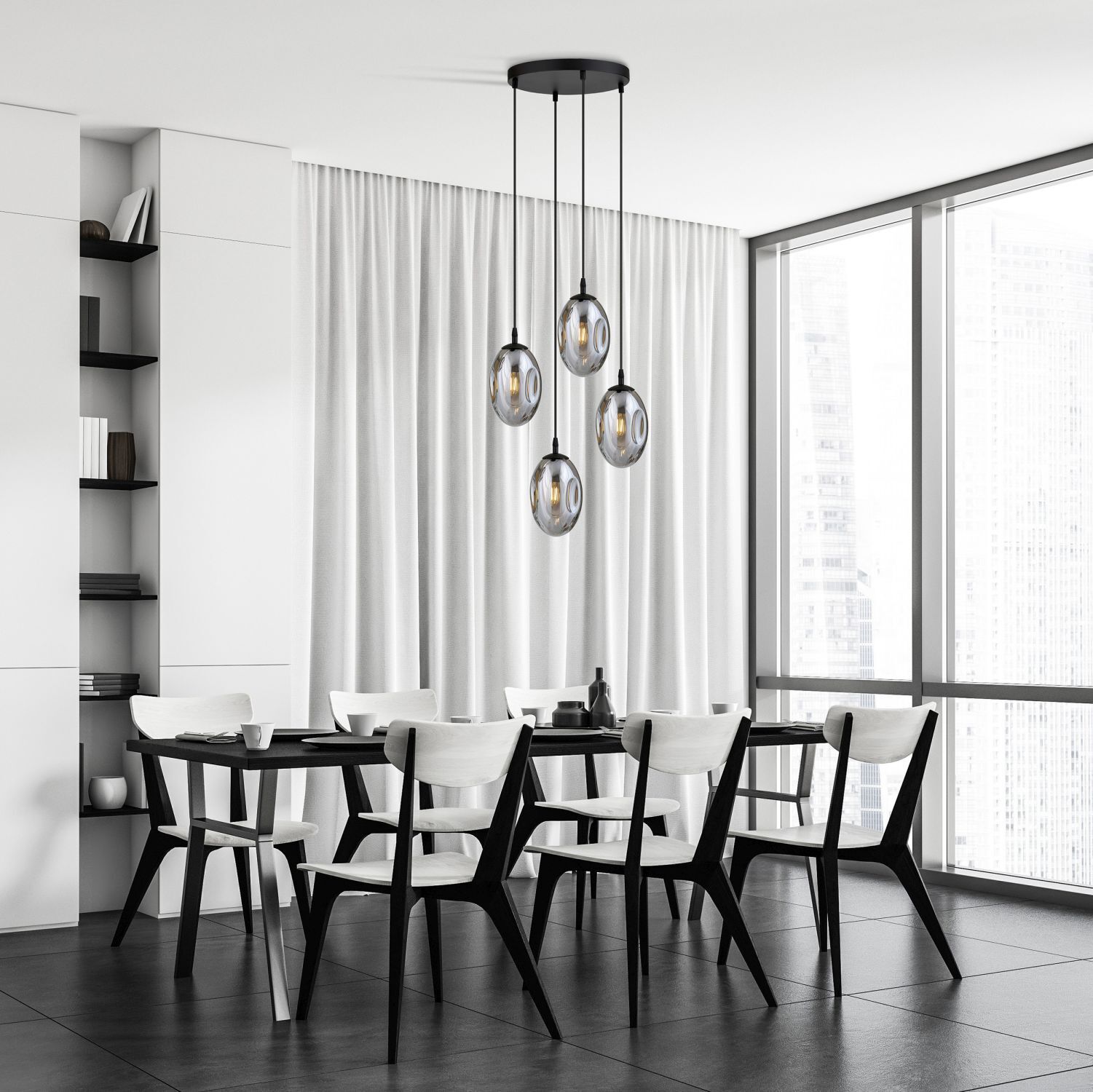 Suspension noir gris 4 flammes E14 verre fumé