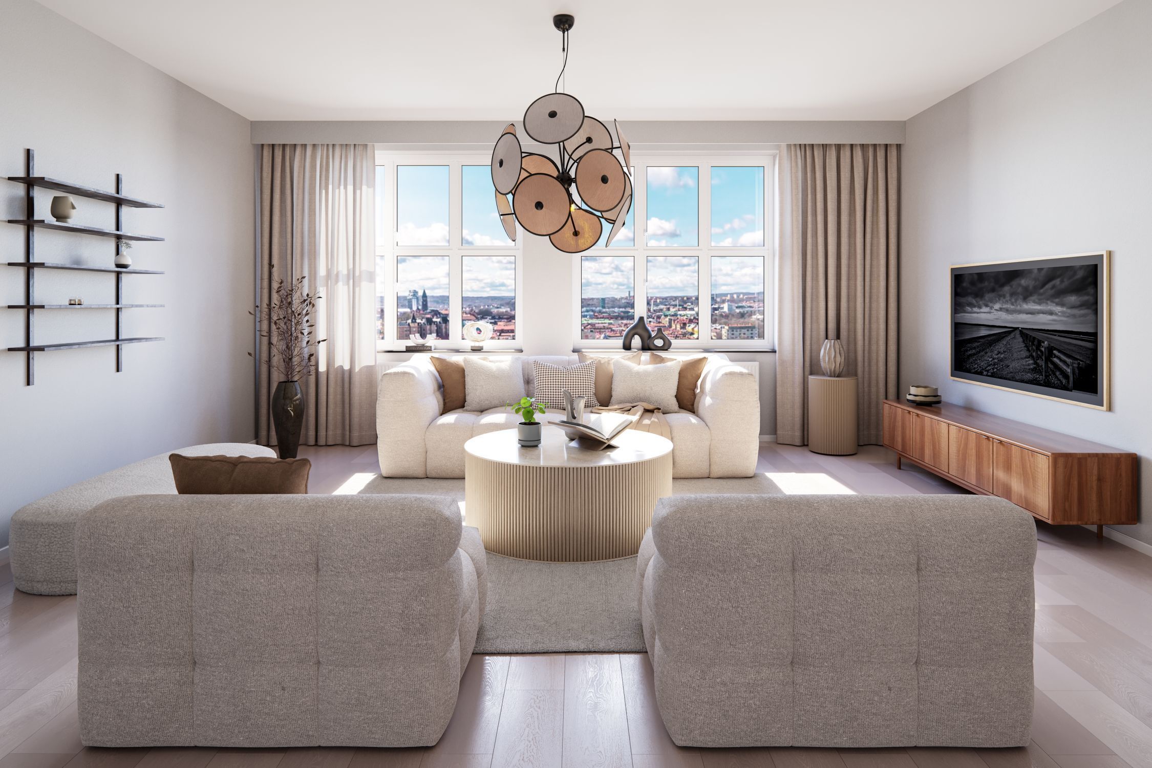 Wohnzimmer, Sofa, Couchtisch, Fernseher, Lampe