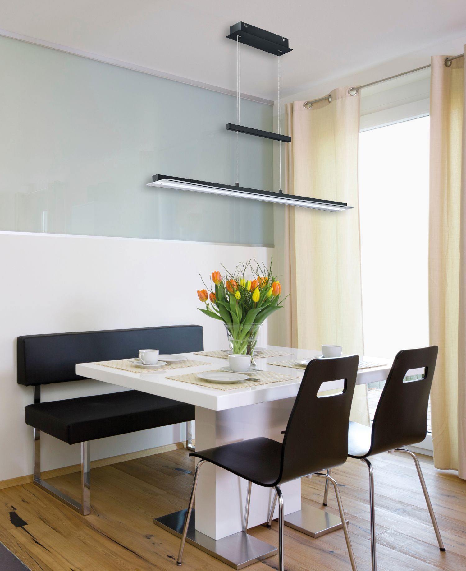 Große LED Hängelampe Metall Glas Touch Dimmer Schwarz Speisesaal, Esstisch, Tisch, Innenarchitektur, Tasse