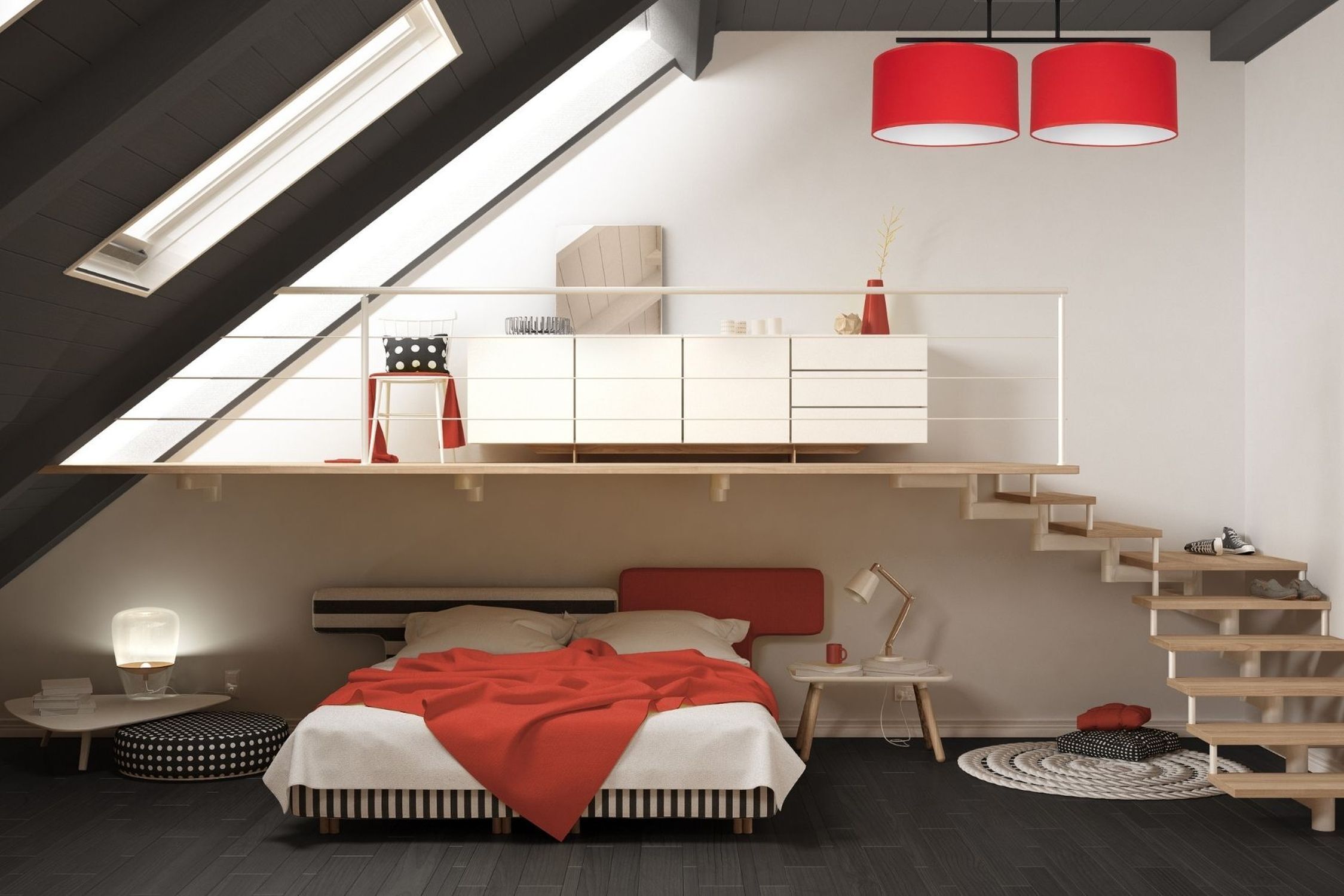 Deckenleuchte Stoff blendarm Schwarz Rot Weiß E27 70 cm Schlafzimmer, Loft, Rote Akzente, Weiße Möbel, Treppe