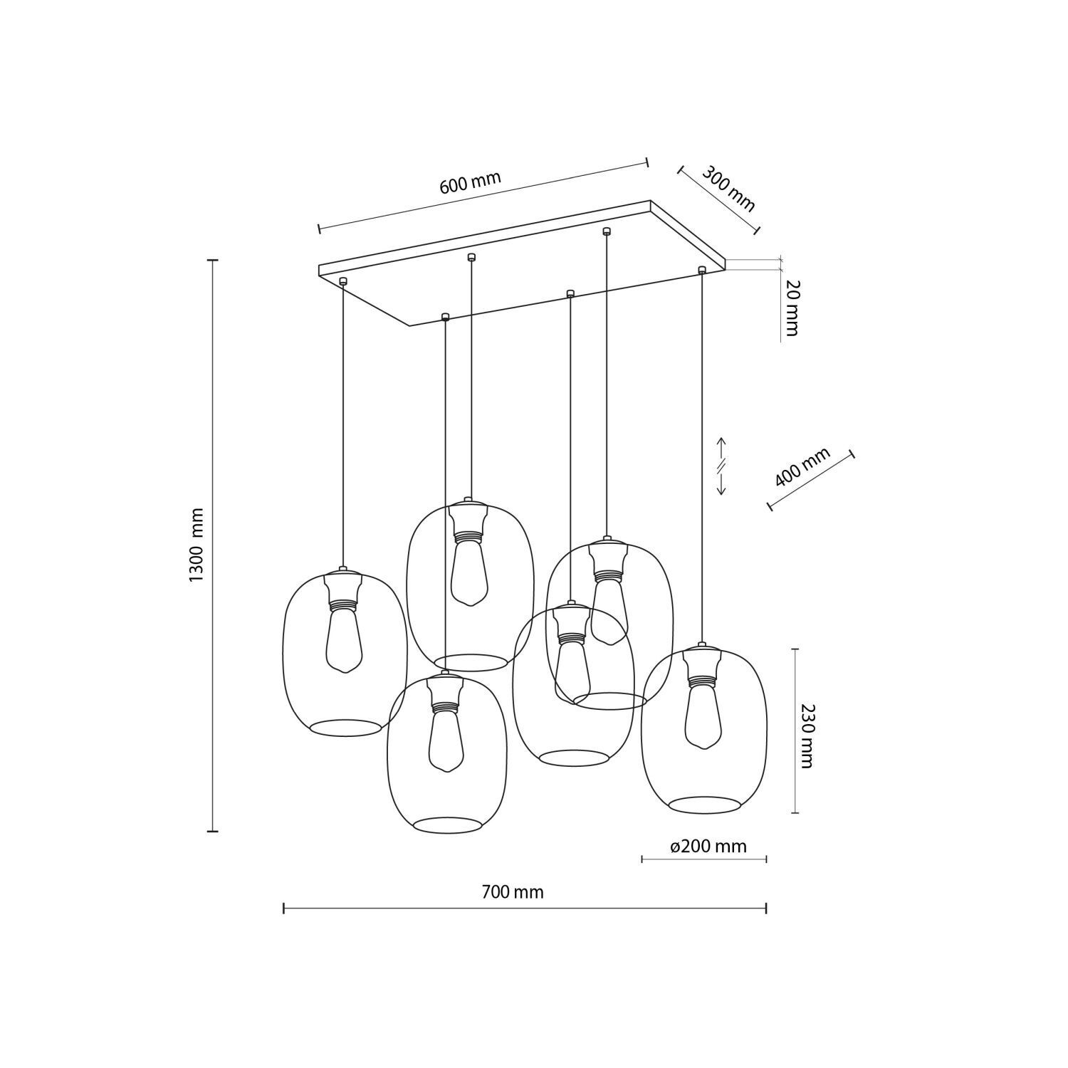 Suspension verre fumé métal L : 70 cm H : max. 1,3 m 6x E27 Diagramm, Handlung, Plan, CAD-Diagramm