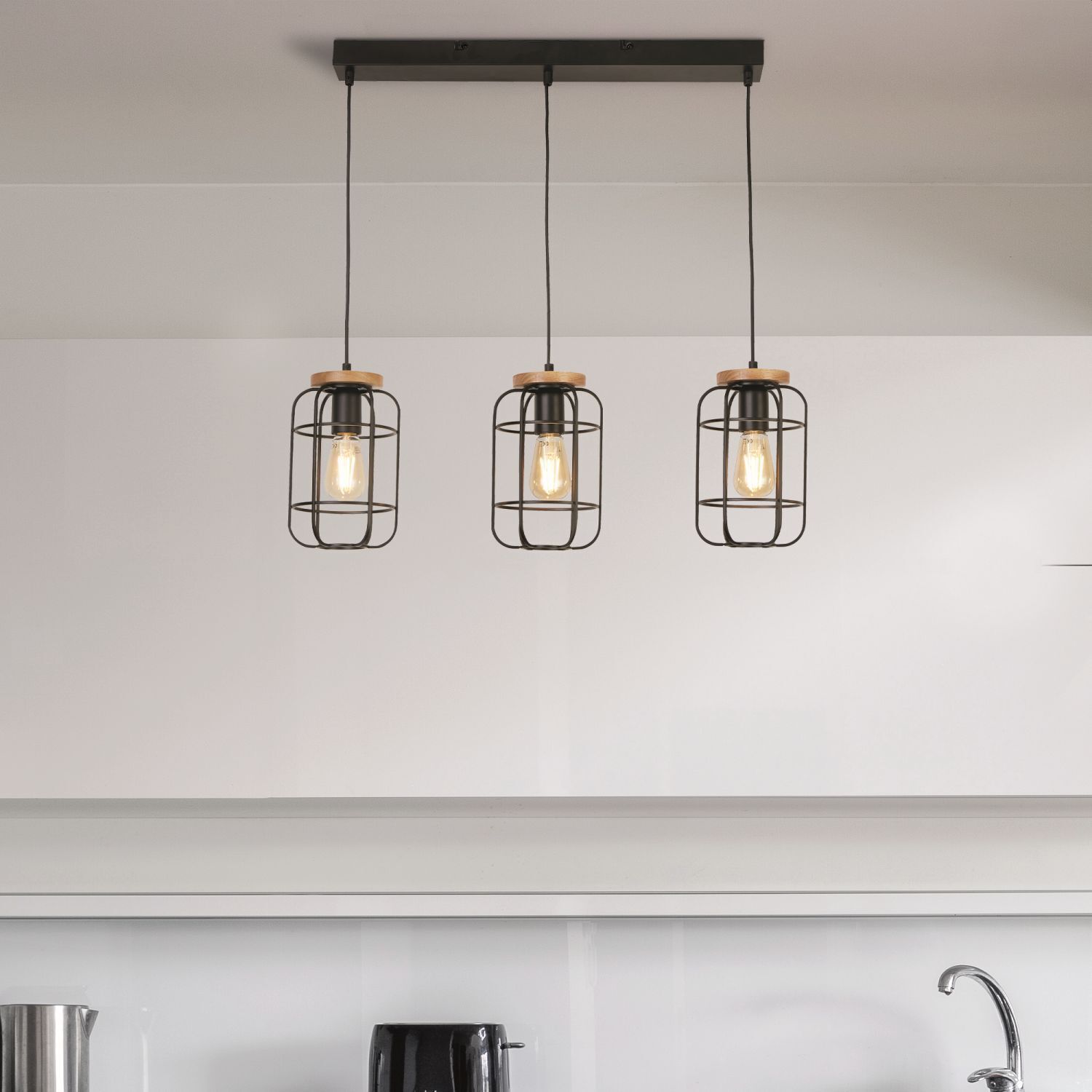 Suspension Noir Naturel 3-flamme E27 Métal Bois