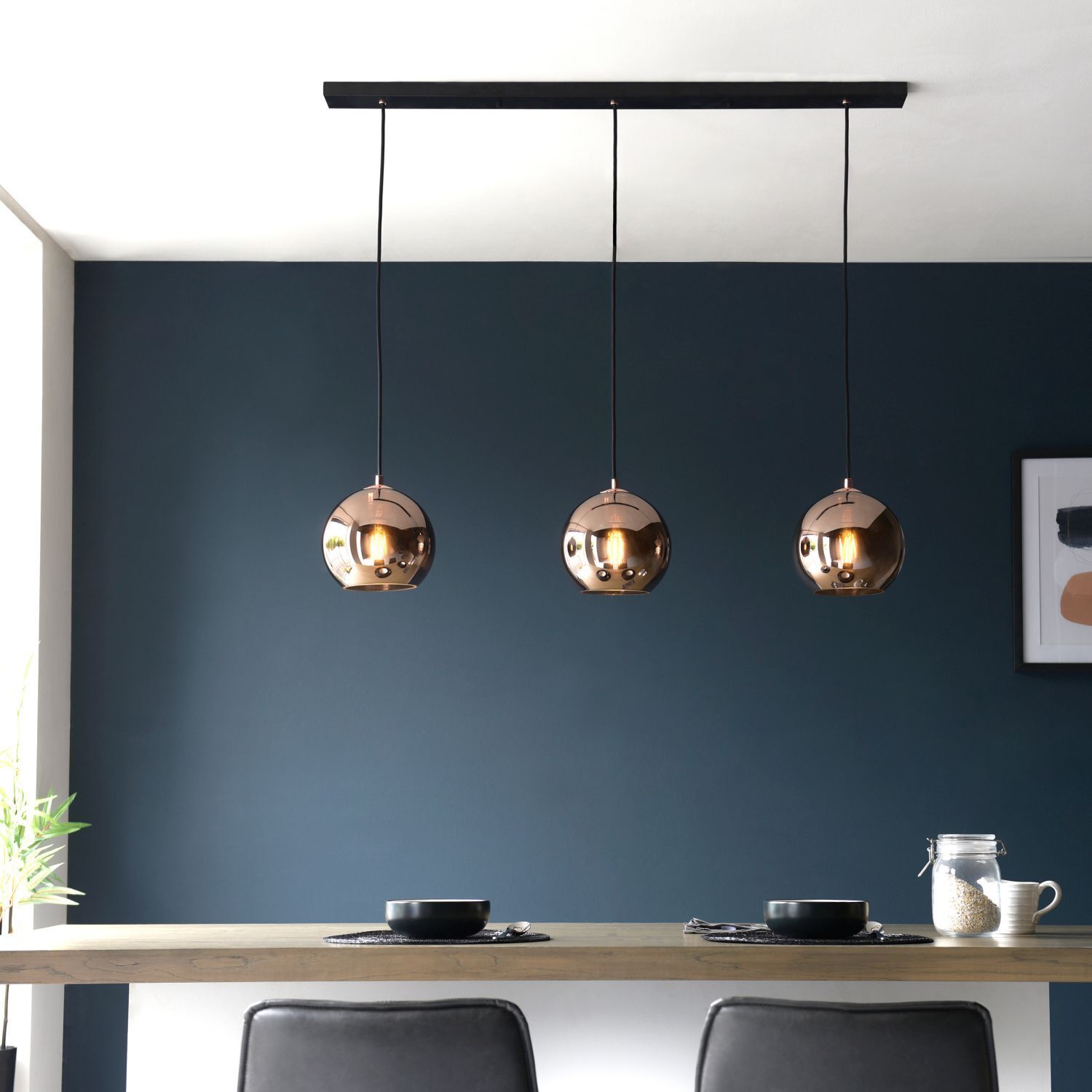 Lampe à suspendre 3 flammes E27 métal verre en noir cuivre