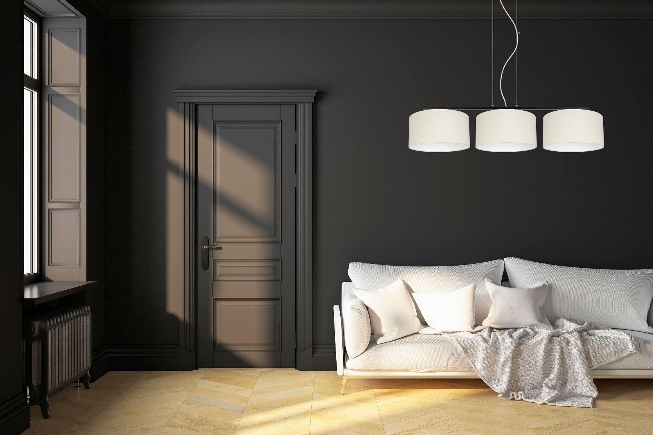 Blendarme Hängelampe Stoff Schwarz Ecru E27 L:100 cm Dunkle Wand, Graues Sofa, Hängelampe, Holzboden, Wohnzimmer