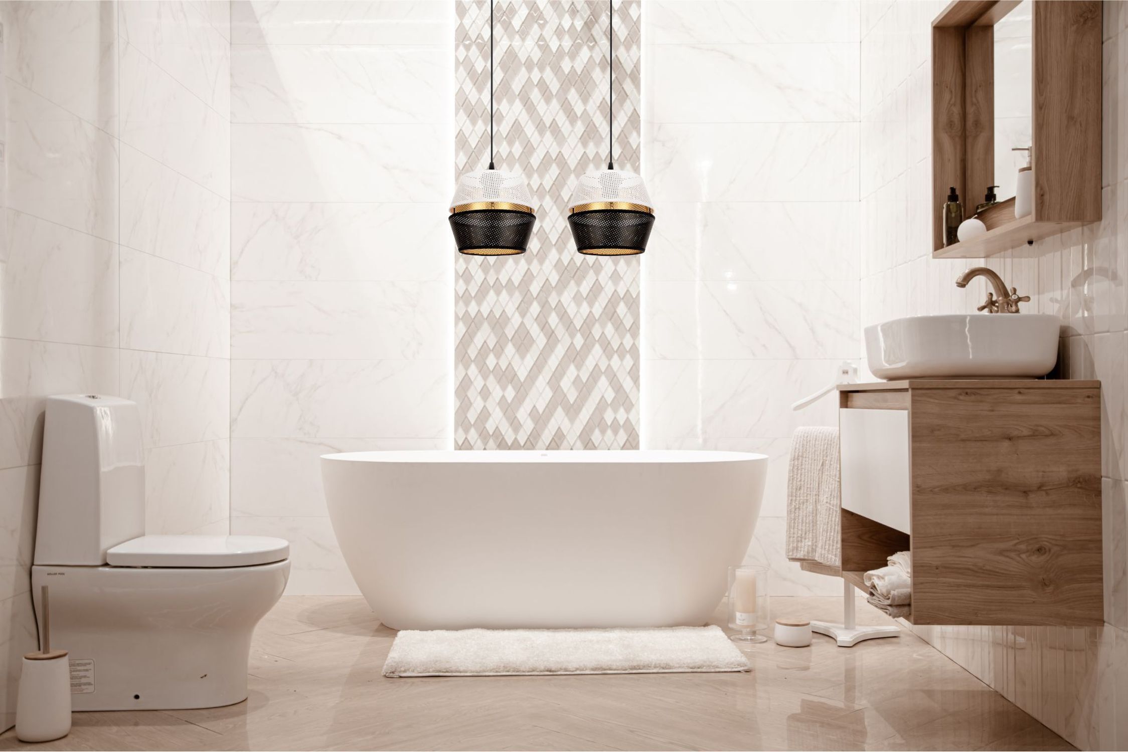 Lange Pendelleuchte 2-flammig Metall Schwarz Weiß Gold Baden, Badewanne, Wanne, Sinken, Drinnen