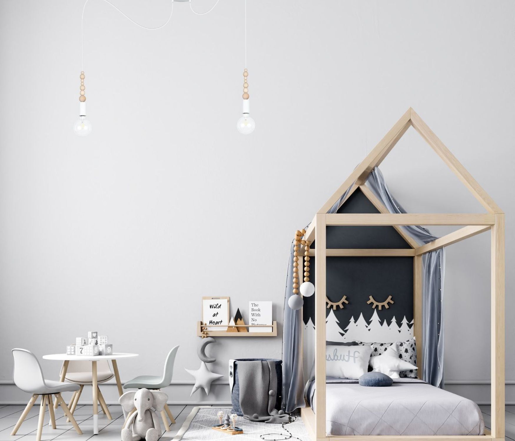 Große Spider Pendelleuchte Holz Metall E27 400 cm Weiß Holzbett, Kinderzimmer, Möbelbett, Schwarz-Weiß Muster, Waldsilhouette