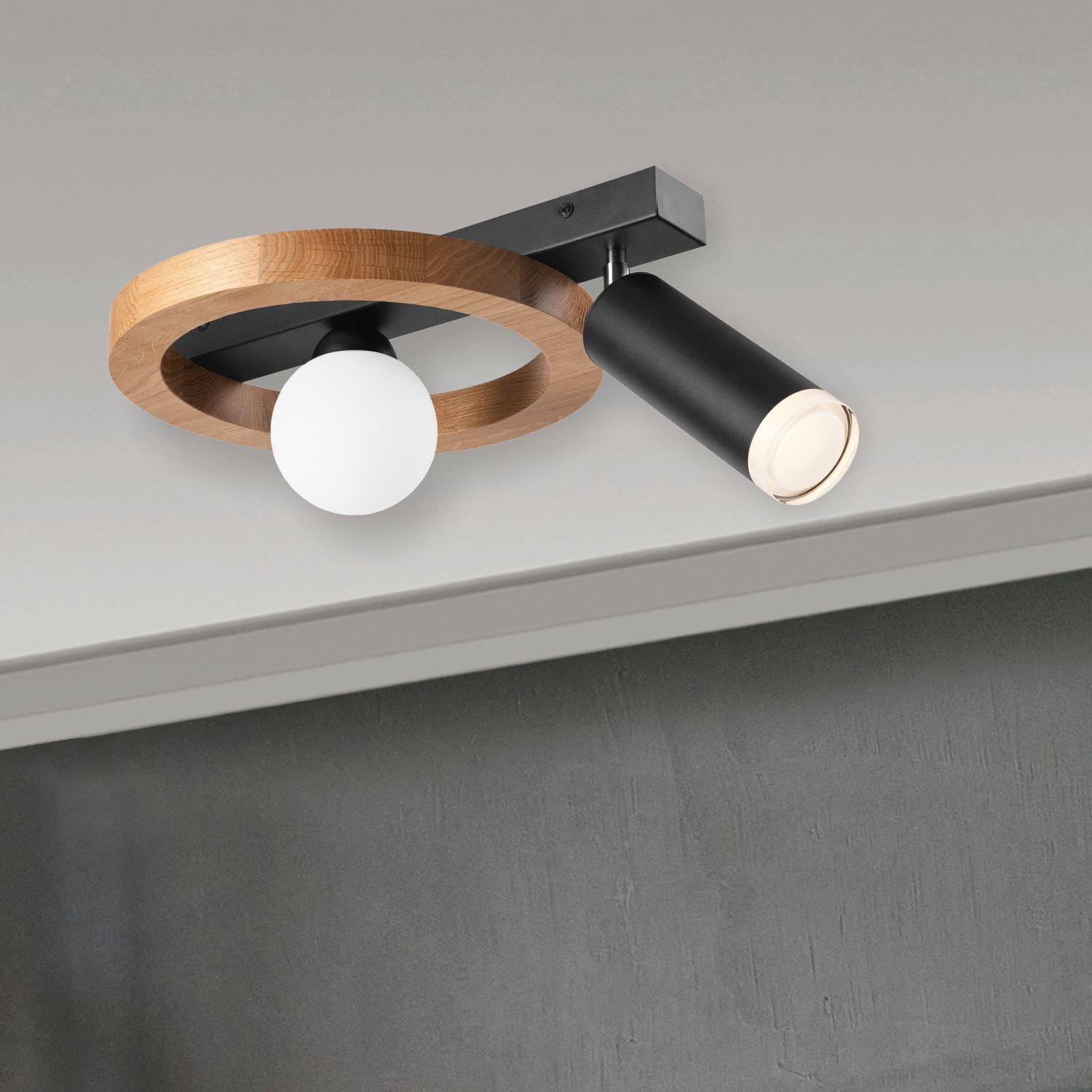 Plafonnier flexible acier bois verre G9 noir blanc
