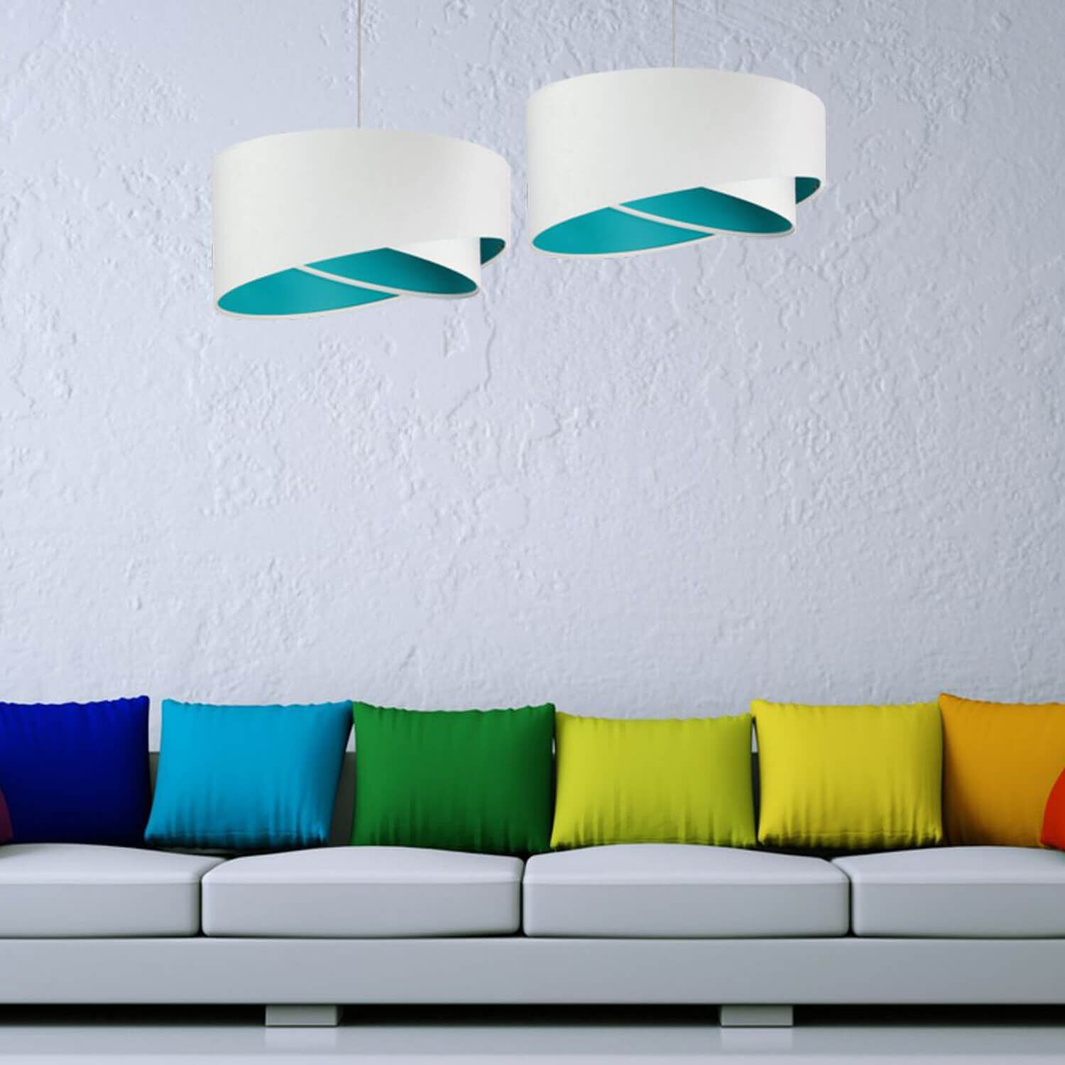 Lampe à suspendre Abat-jour Blanc Turquoise Tissu rond Ø50cm